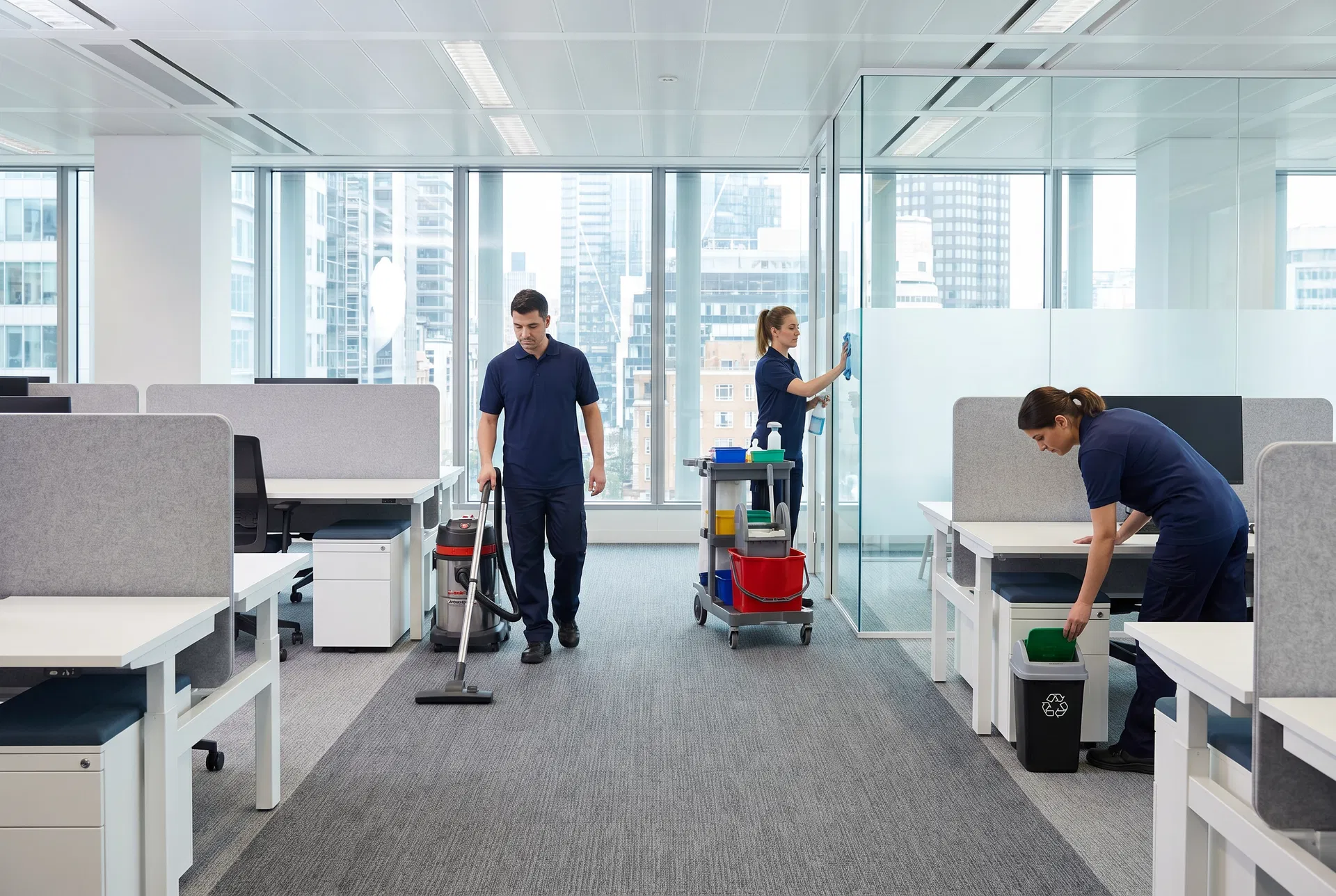 Professional office cleaning team working in a modern Miami office