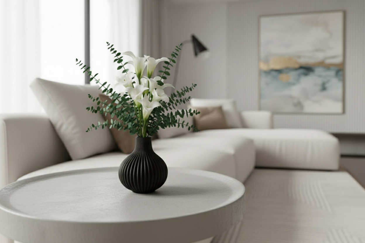 Dekoratif Siyah Oval Vazo – Modern Oluklu Tasarım