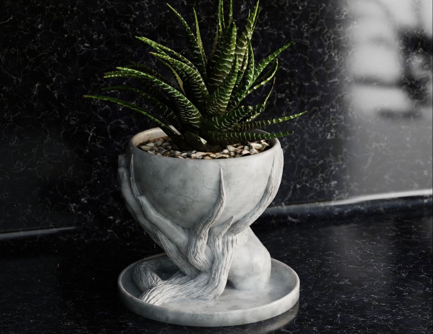 HOM Mermer Görünümlü Dekoratif Saksı