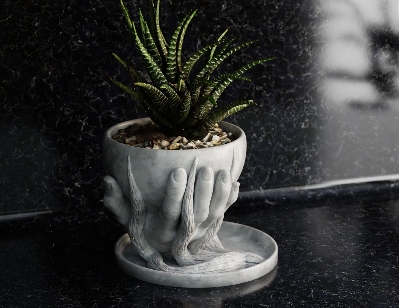 HOM Mermer Görünümlü Dekoratif Saksı