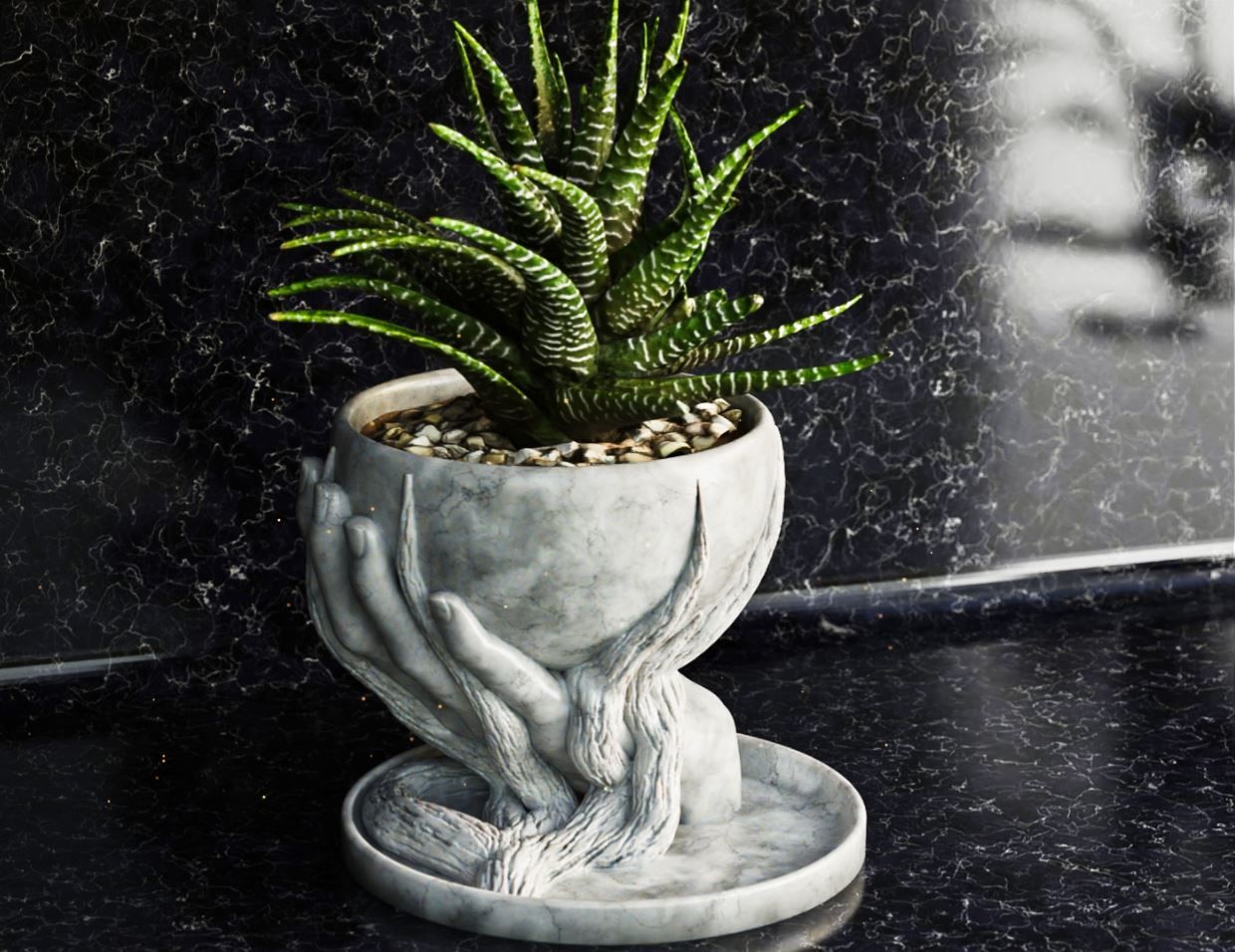 HOM Mermer Görünümlü Dekoratif Saksı