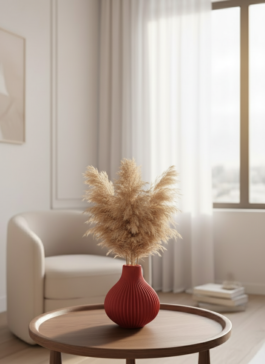 Dekoratif Kırmızı Oval Vazo – Modern Oluklu Tasarım