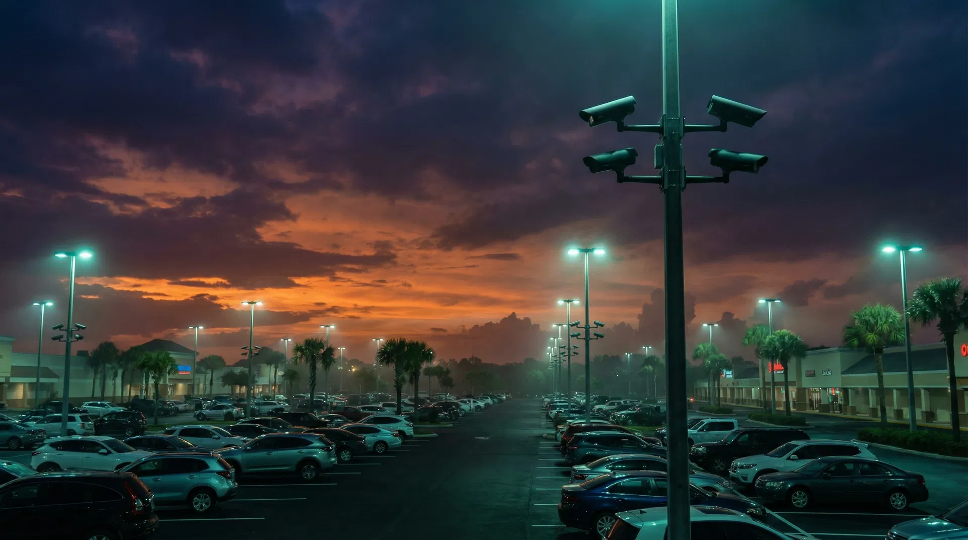 Parking lot surveillance cameras at dusk