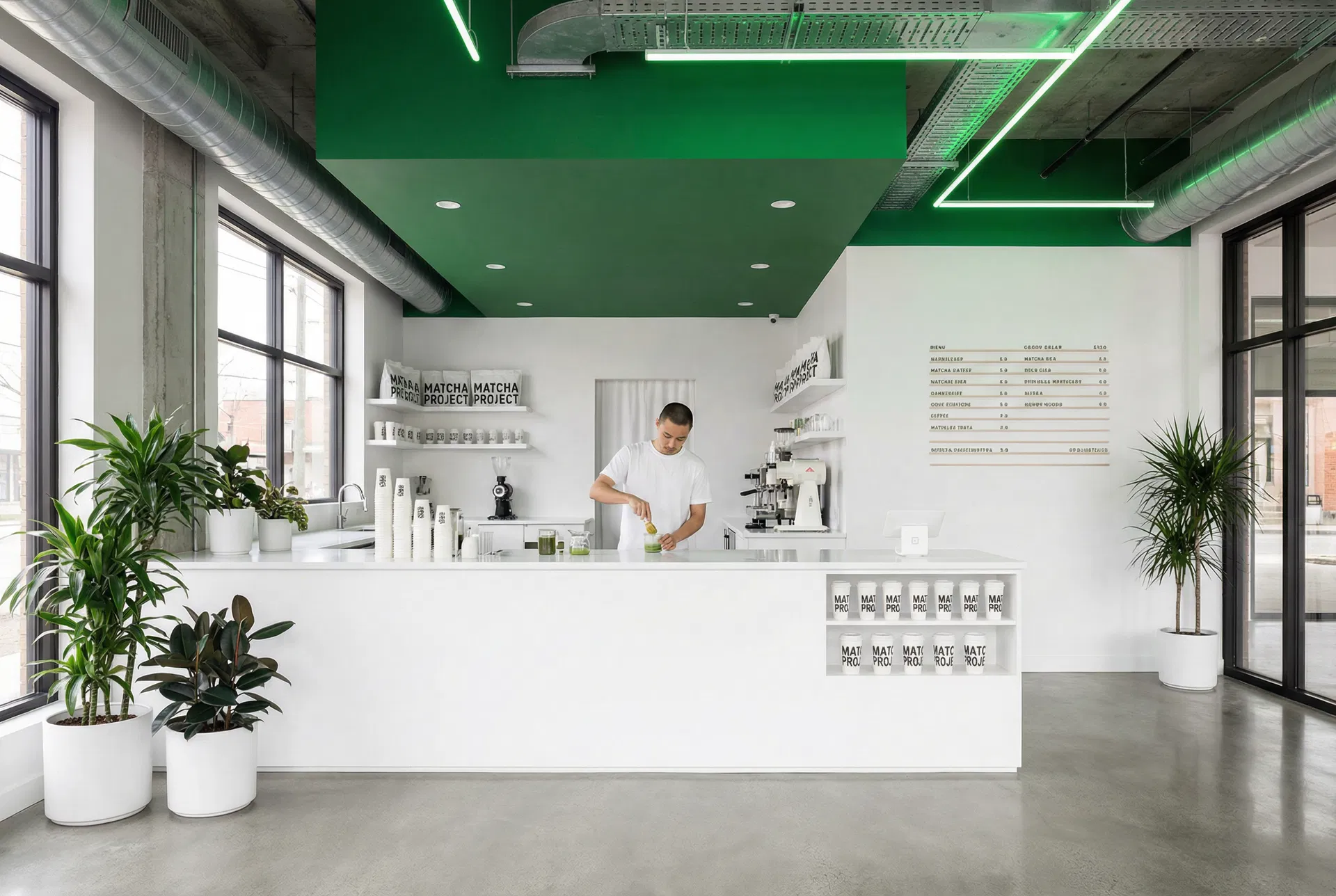 Inside MATCHO cafe - warm minimalist interior with matcha preparation area