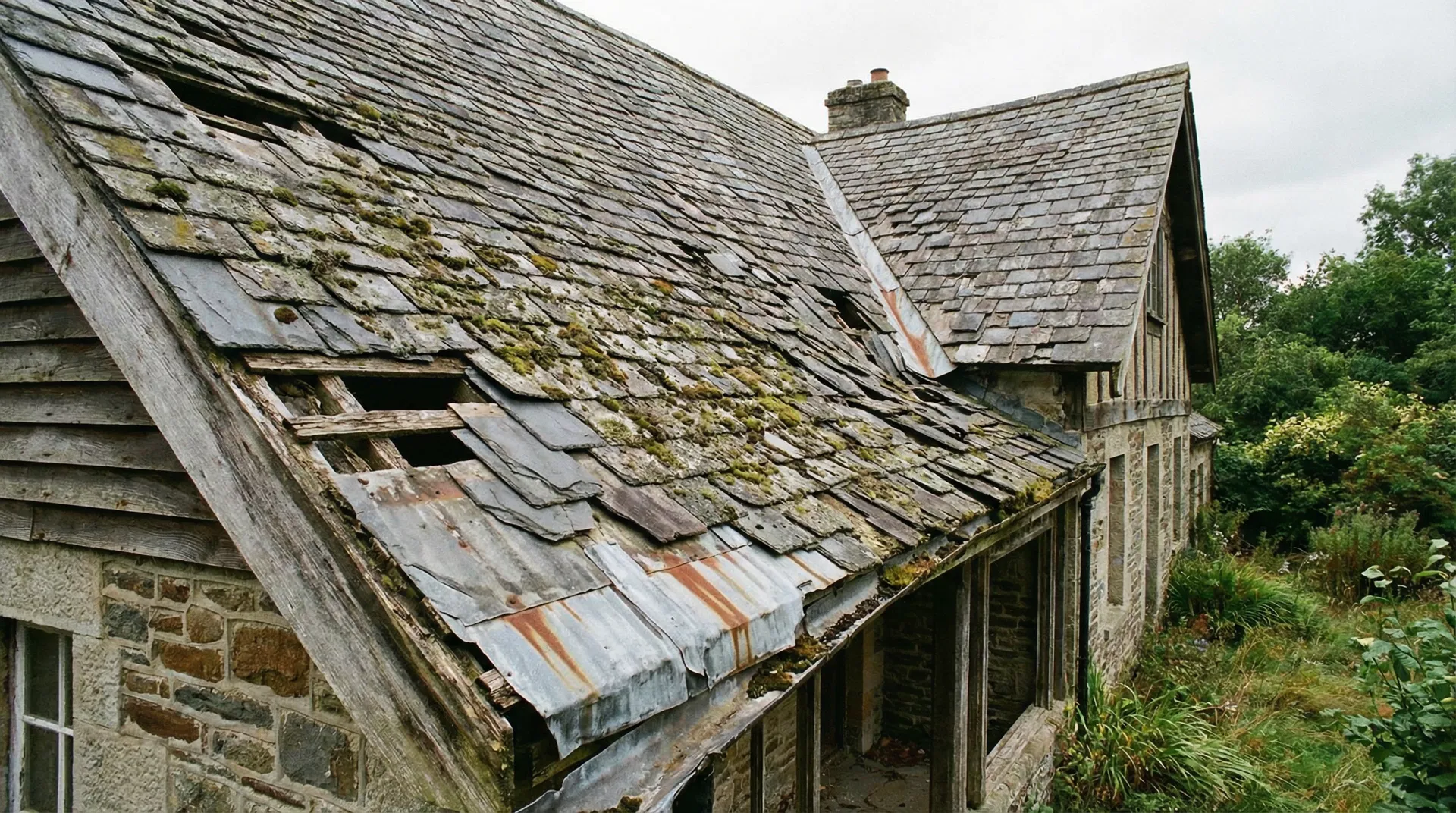 Deteriorated roof with missing shingles, moss growth, and sagging