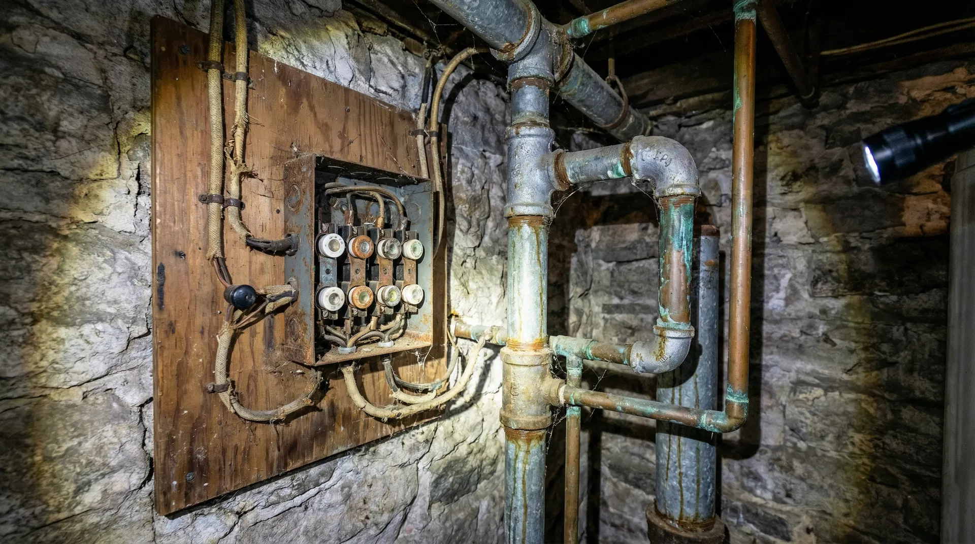 Vintage fuse box and old corroded copper plumbing