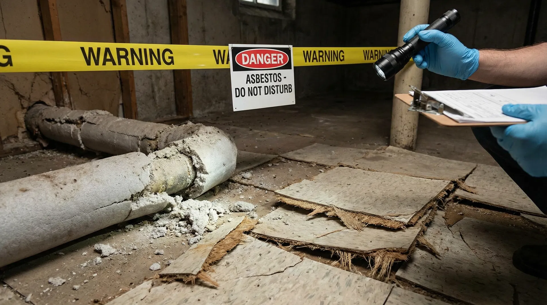 Asbestos warning tape and deteriorating asbestos insulation