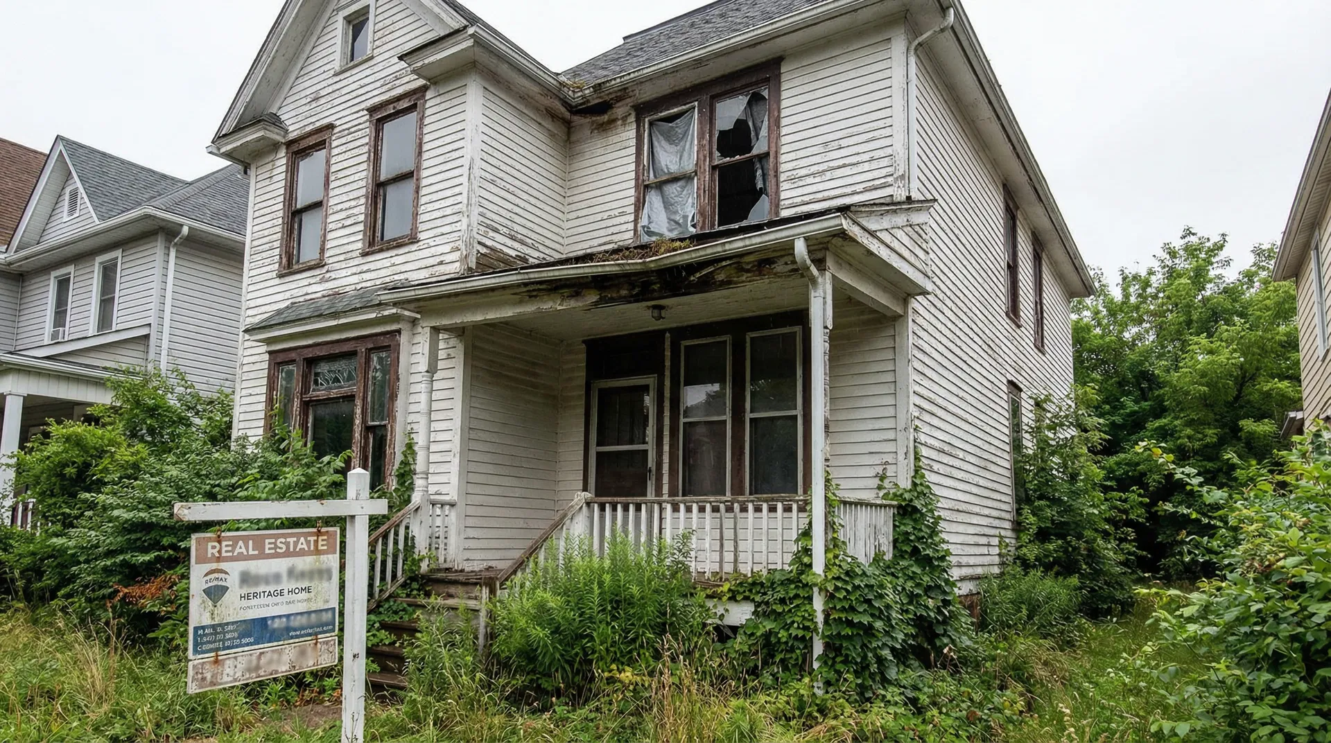 Heritage home exterior showing peeling paint, rotting wood, and neglect