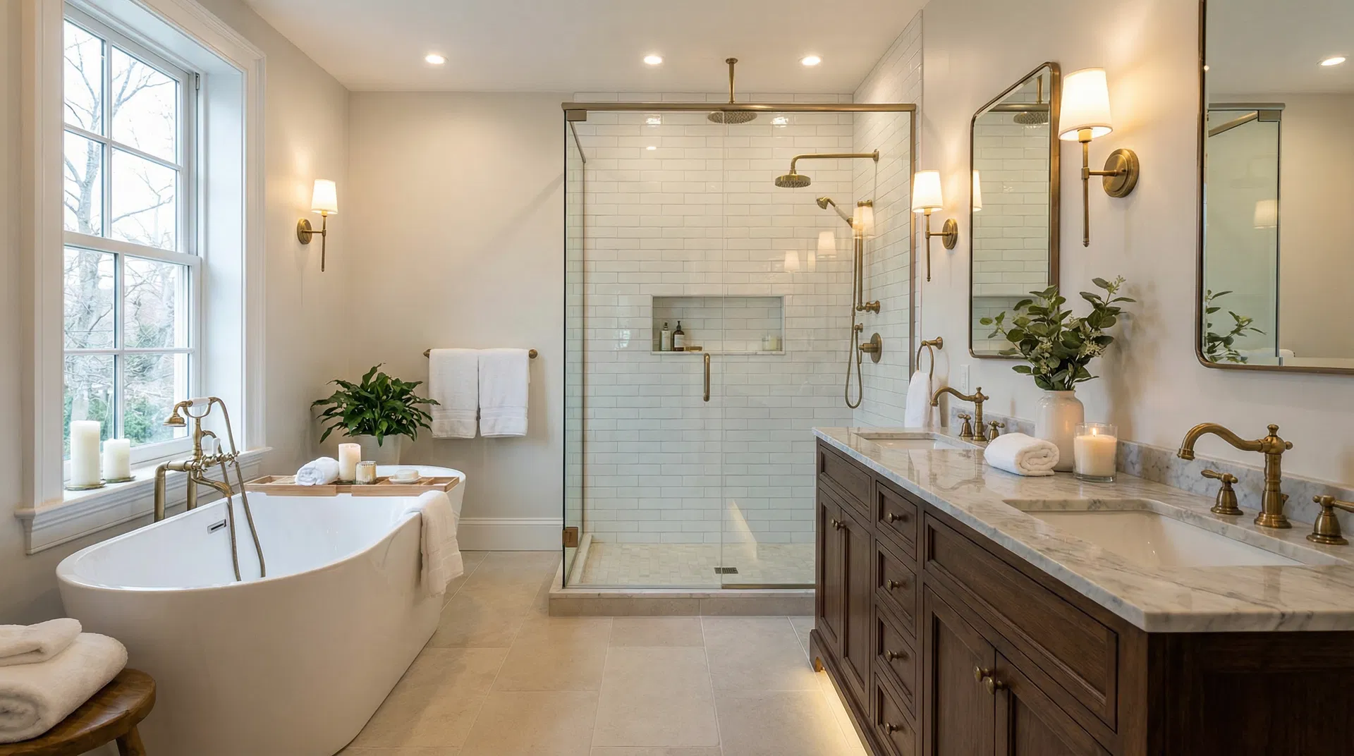 Luxurious master bathroom with soaking tub, walk-in shower, double vanity, and spa-like amenities
