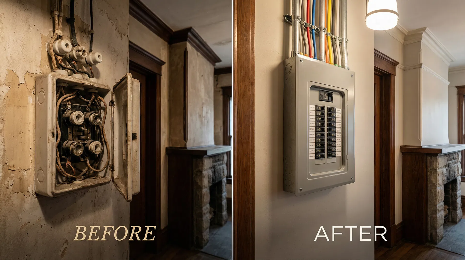 Before and after of electrical system upgrade from old fuse box to modern panel