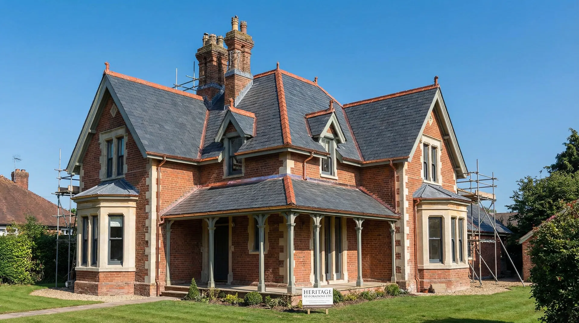 Beautifully restored heritage home roof with slate tiles and proper drainage systems