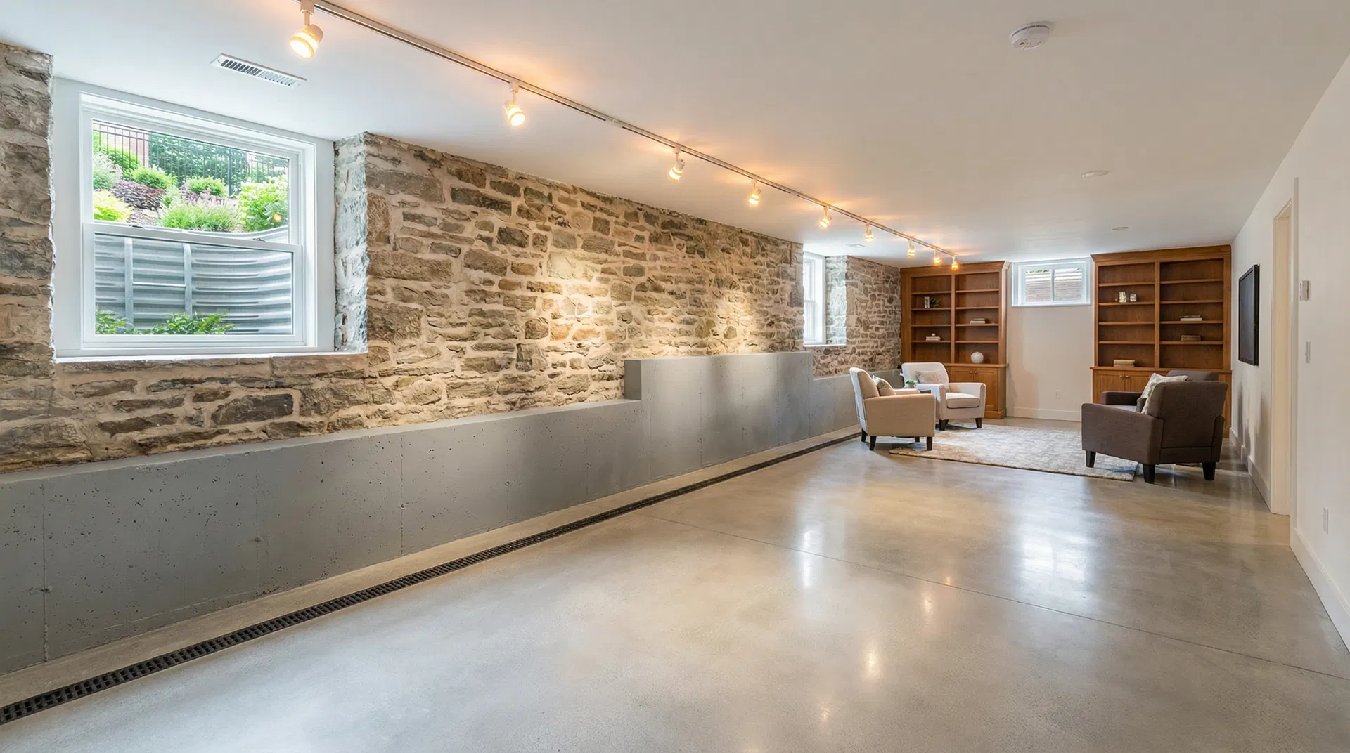 Completed foundation repair showing waterproofed basement space ready for use