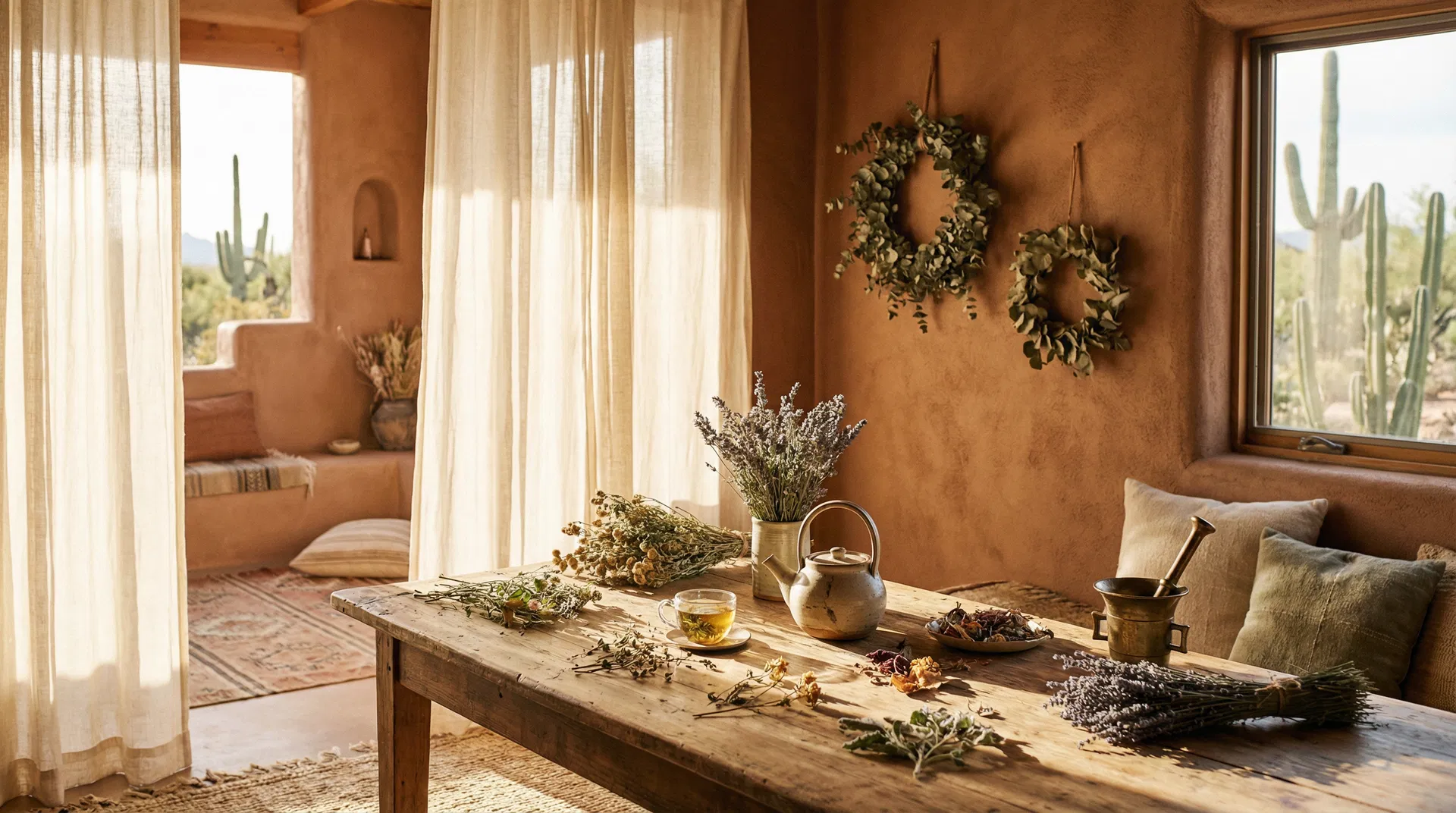 Sunlit desert sanctuary with herbs, tea, and botanical elements