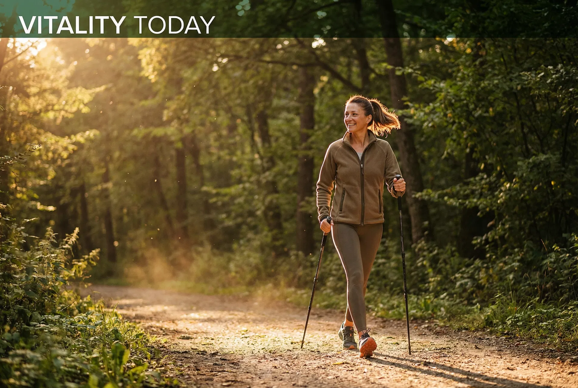Active woman walking energetically on a nature trail