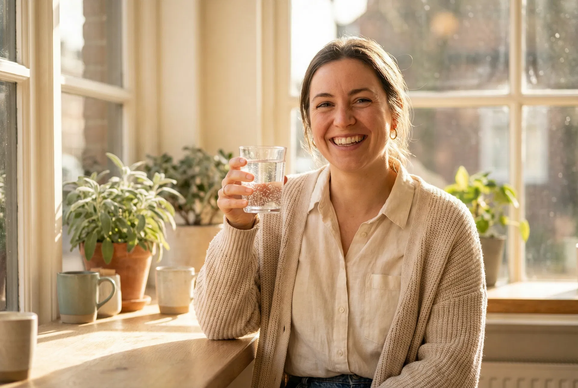 Woman enjoying a glass of hydrogen water at a sunny cafe