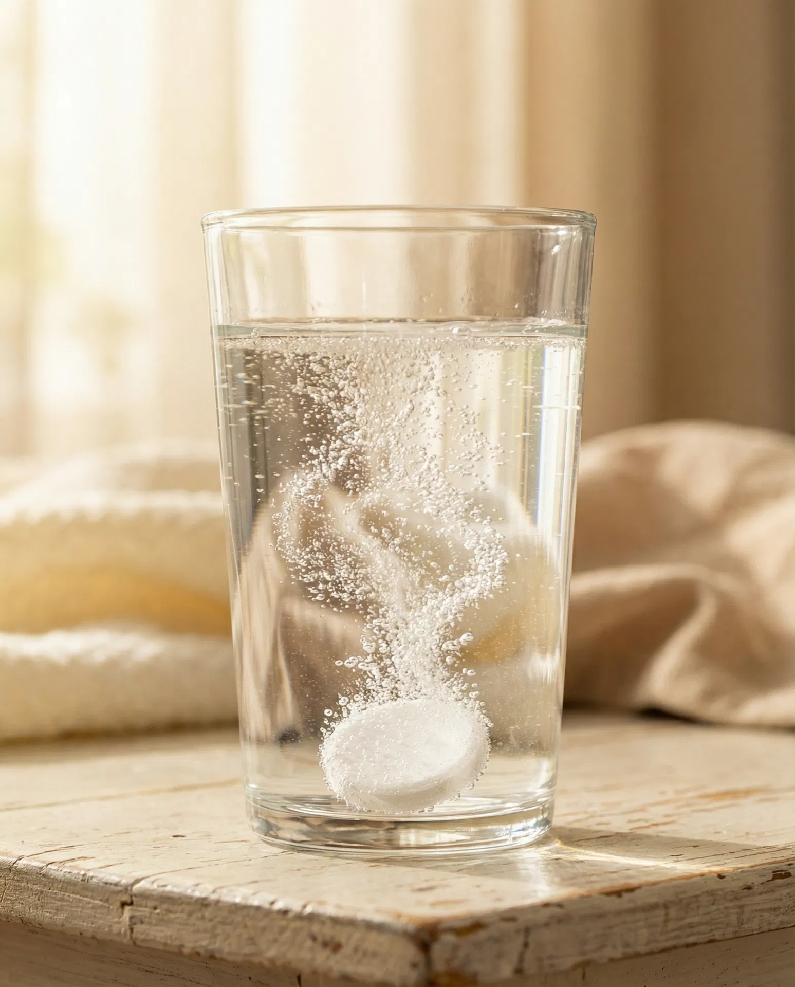 Hydrogen tablet dissolving in a glass of water with bubbles rising