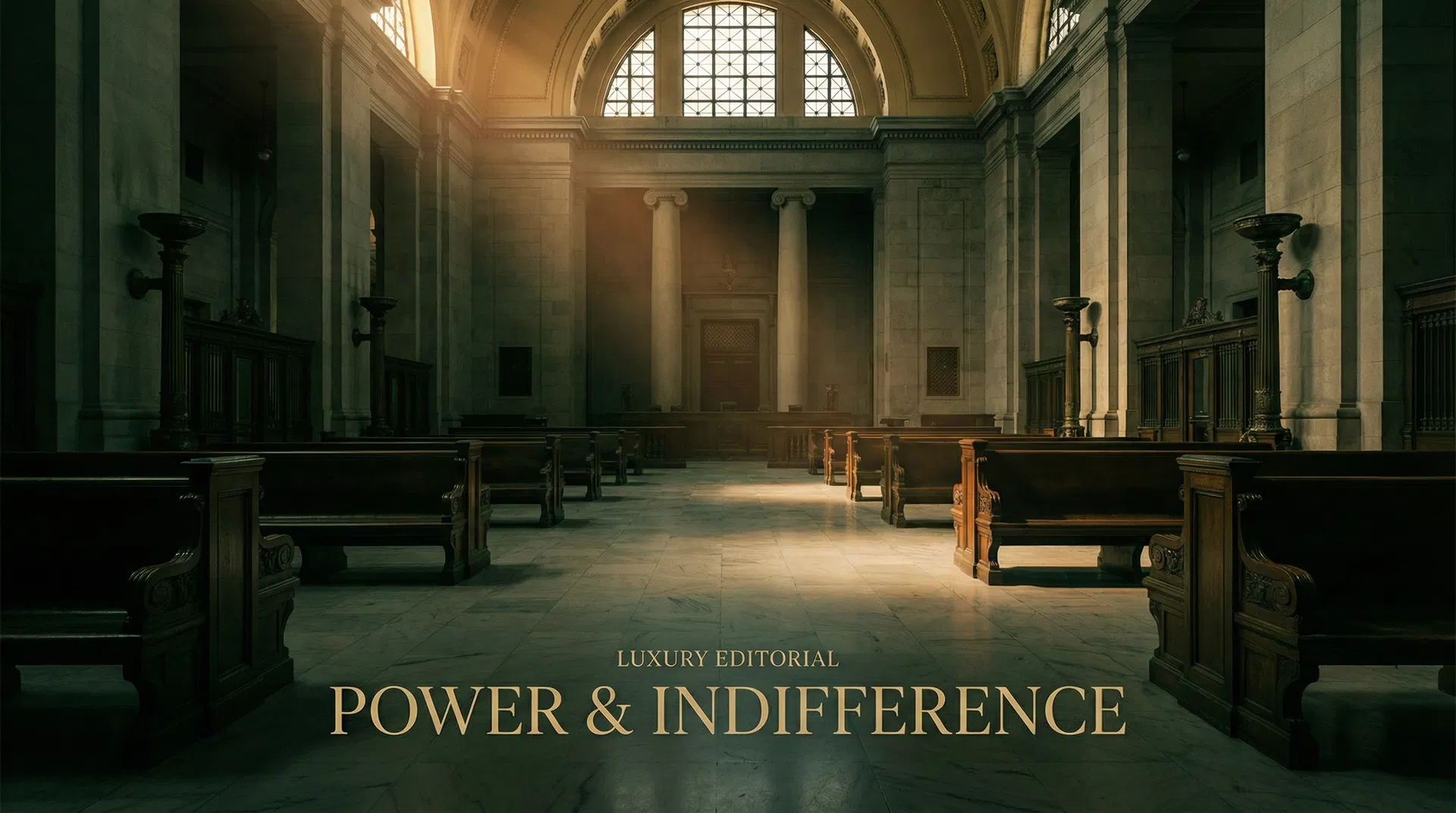 Empty courthouse interior with dramatic shafts of light through high windows