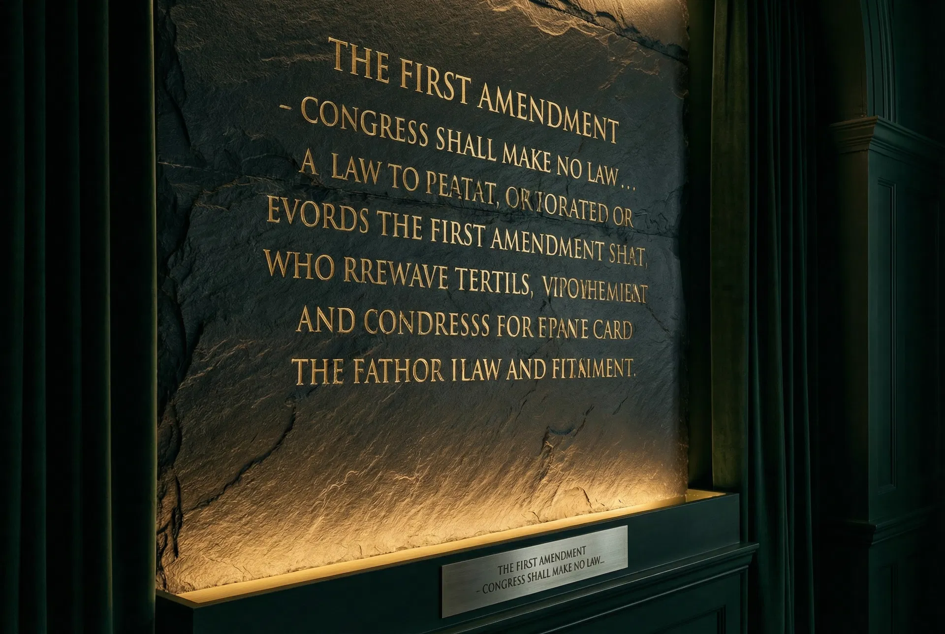 First Amendment text engraved in gold on dark stone