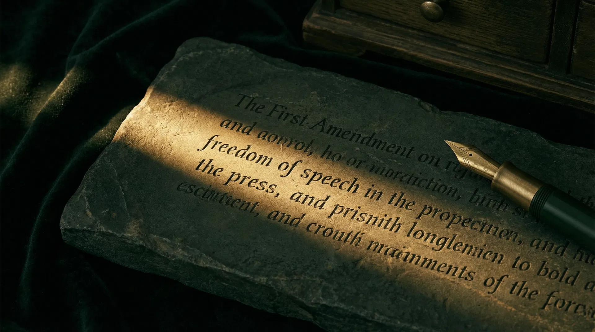 First Amendment text on aged stone illuminated by gold light with fountain pen