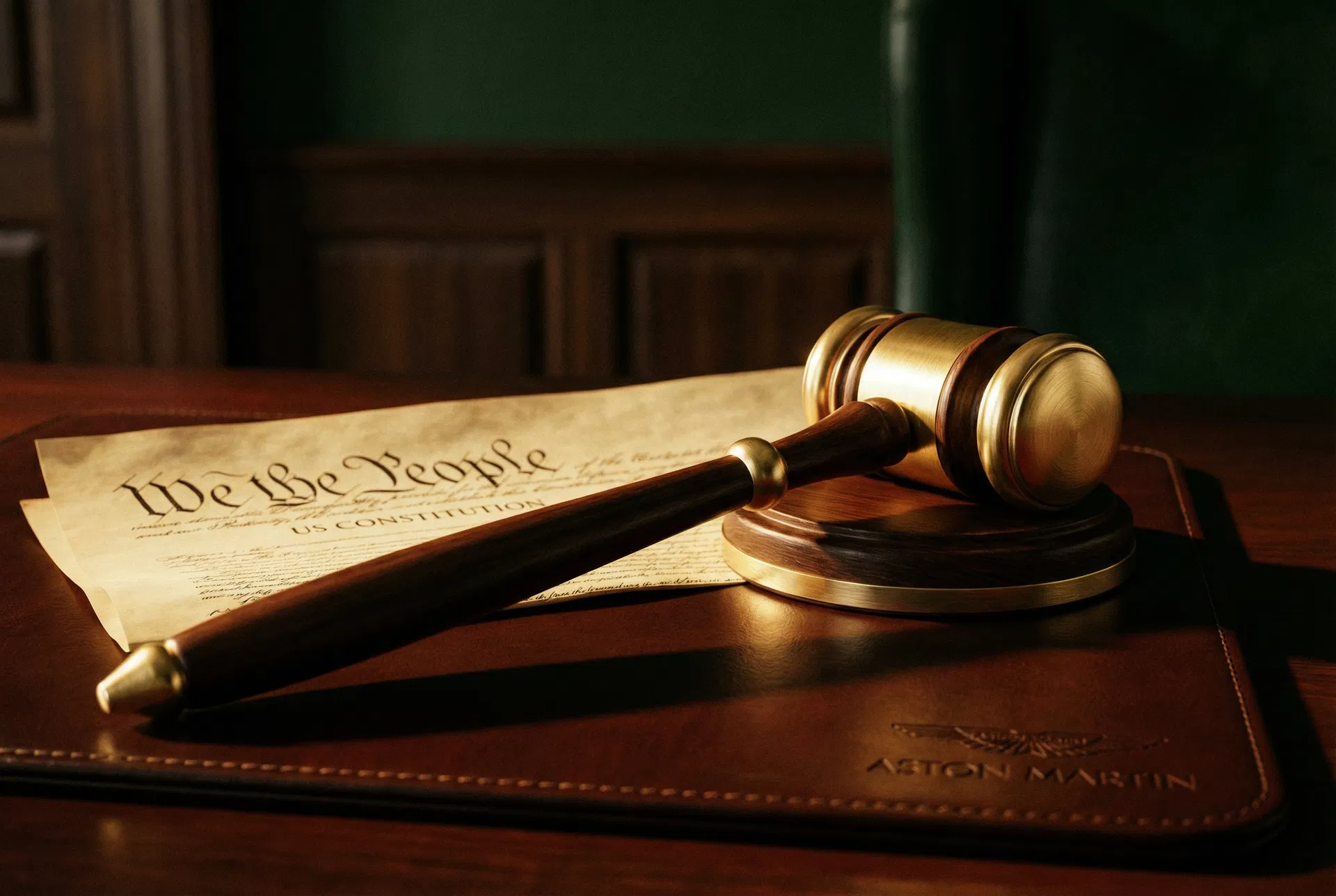 Gold-tipped gavel resting on the U.S. Constitution