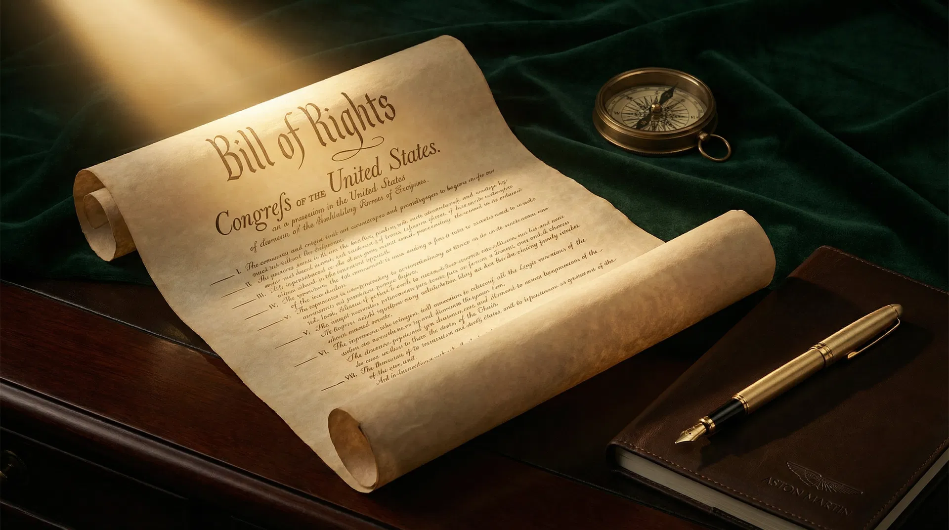 Bill of Rights document unrolled on mahogany desk with brass compass and gold fountain pen