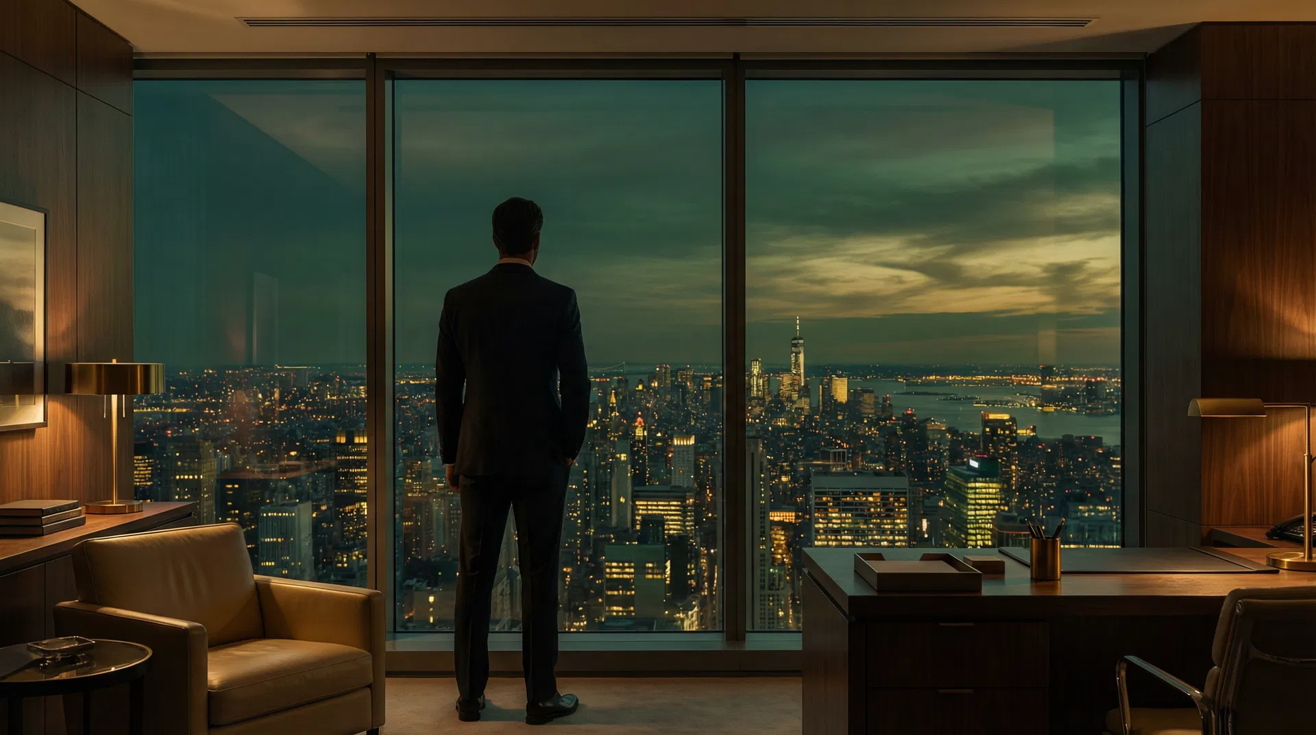 Father silhouetted at law office window overlooking city at dusk