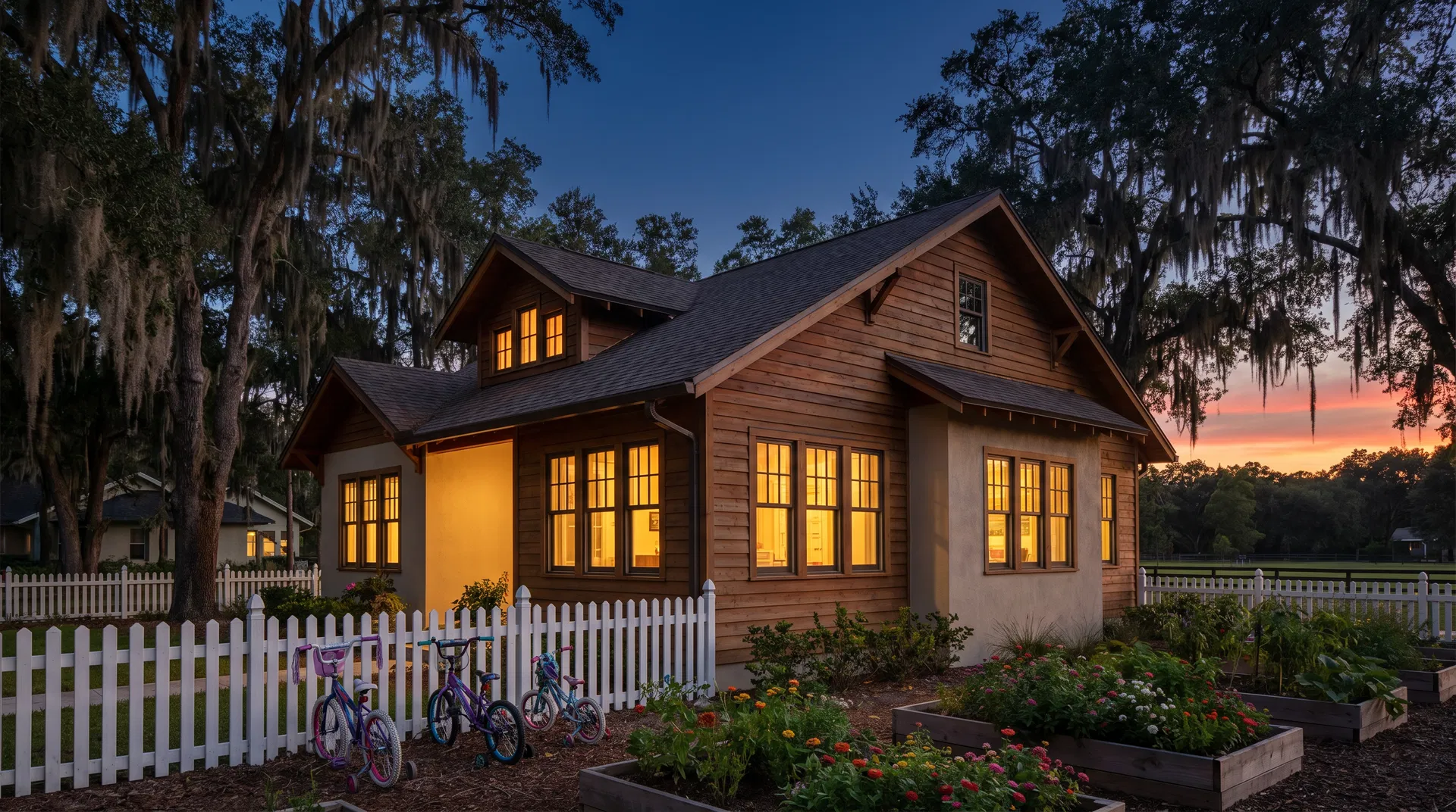Residential cottage at Residing Hope campus in Enterprise, Florida at dusk