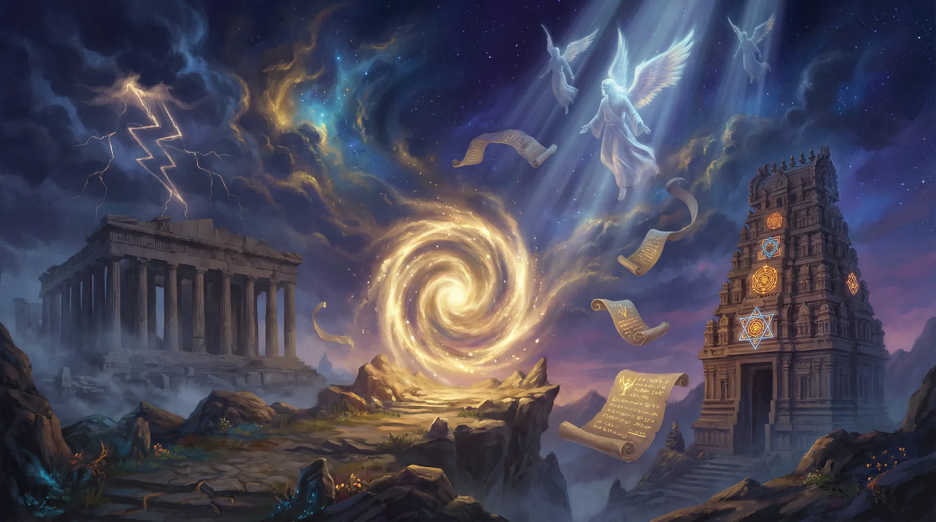 Greek and Hindu mythological figures converging in a cosmic landscape with ancient temples and celestial symbols