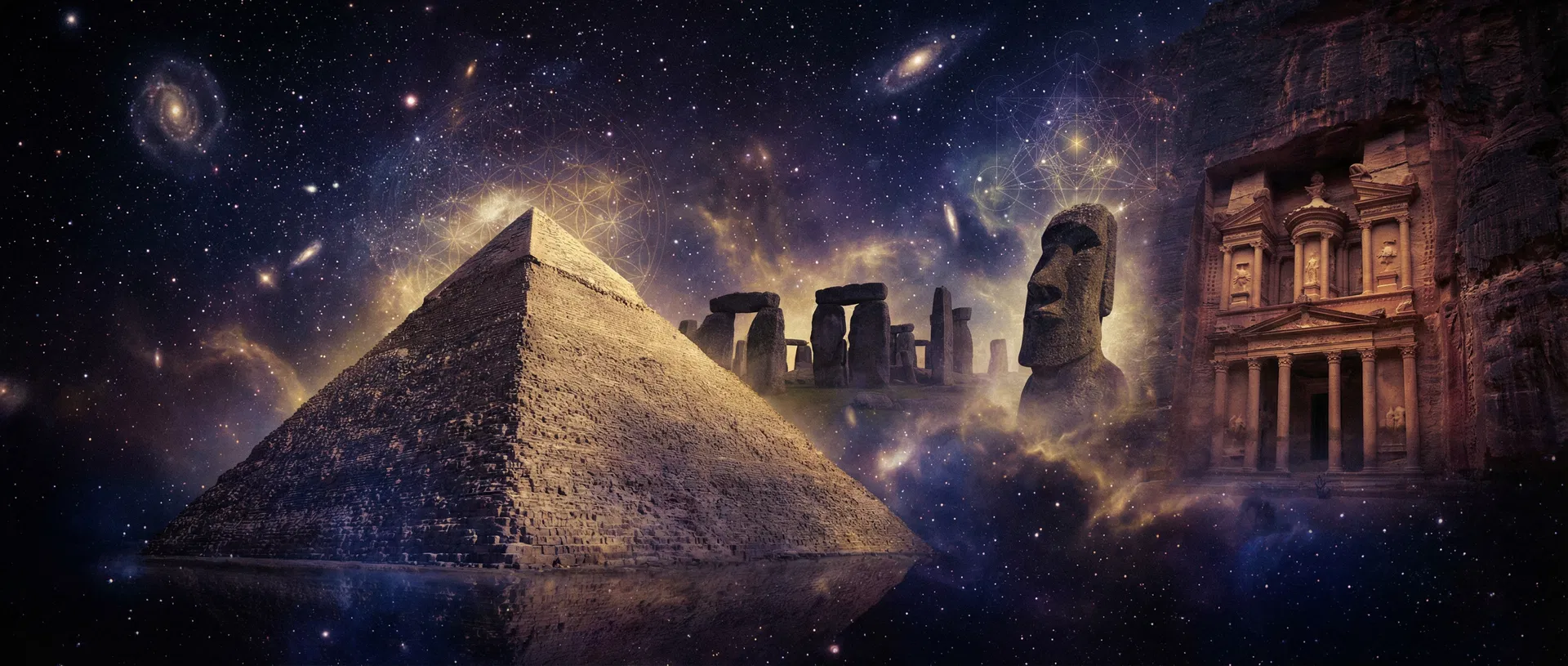 Ancient pyramids and mysterious structures under a cosmic sky