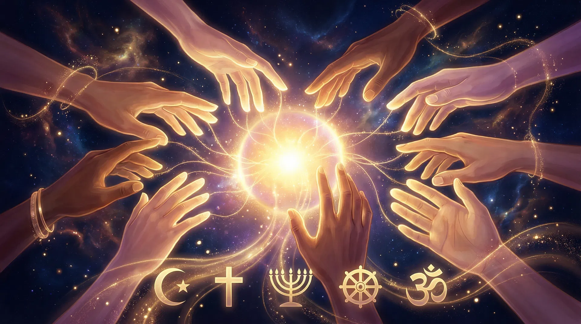 Hands reaching toward light