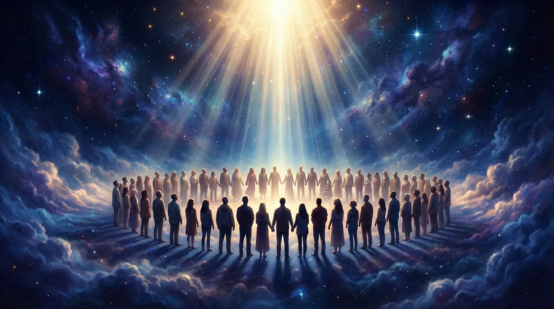 Silhouettes of people gathered under a warm cosmic sky, representing a spiritual community united by light