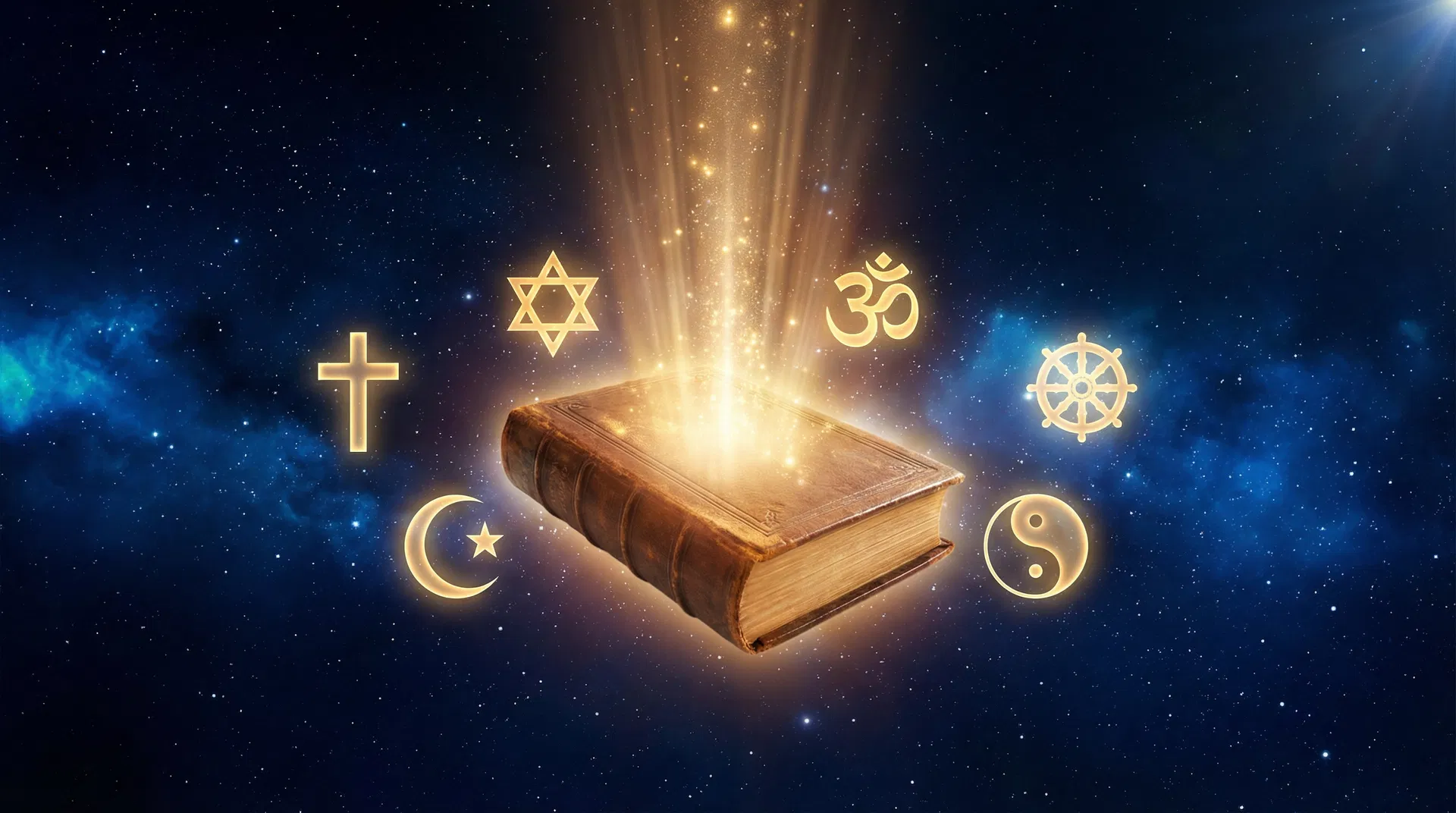 An ancient open Bible radiating golden light surrounded by symbols of world religions converging in divine harmony