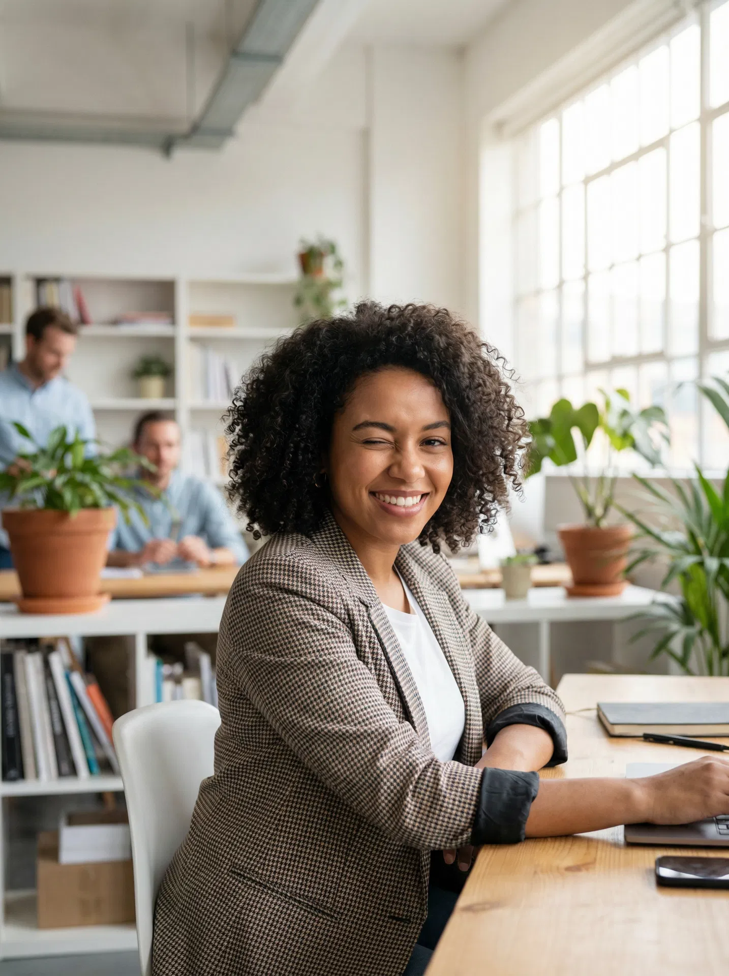 Femme professionnelle souriante avec un clin d'œil