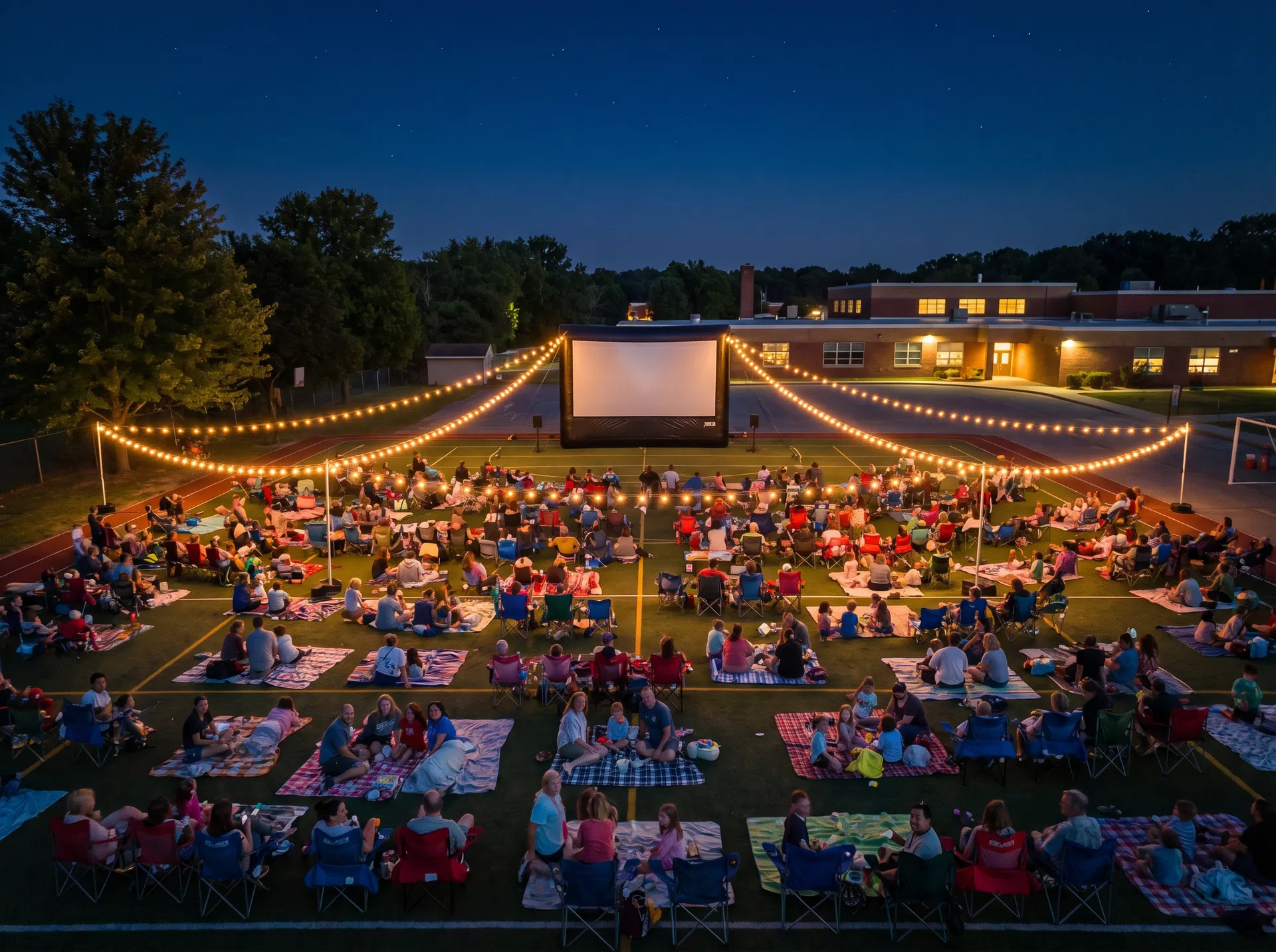 School community enjoying an outdoor movie night