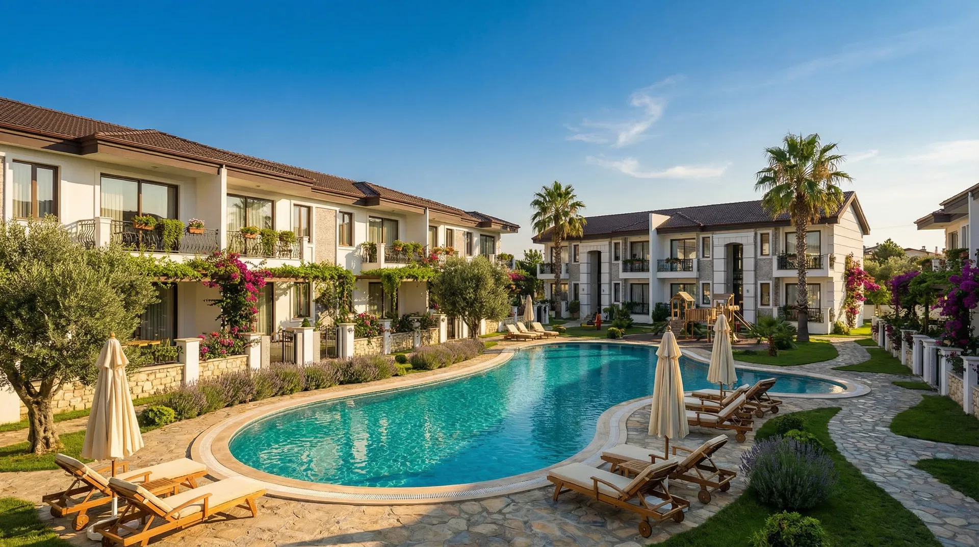 Liora Evleri yüzme havuzu - Gömeç site içi havuzlu peyzajlı bitmiş hal