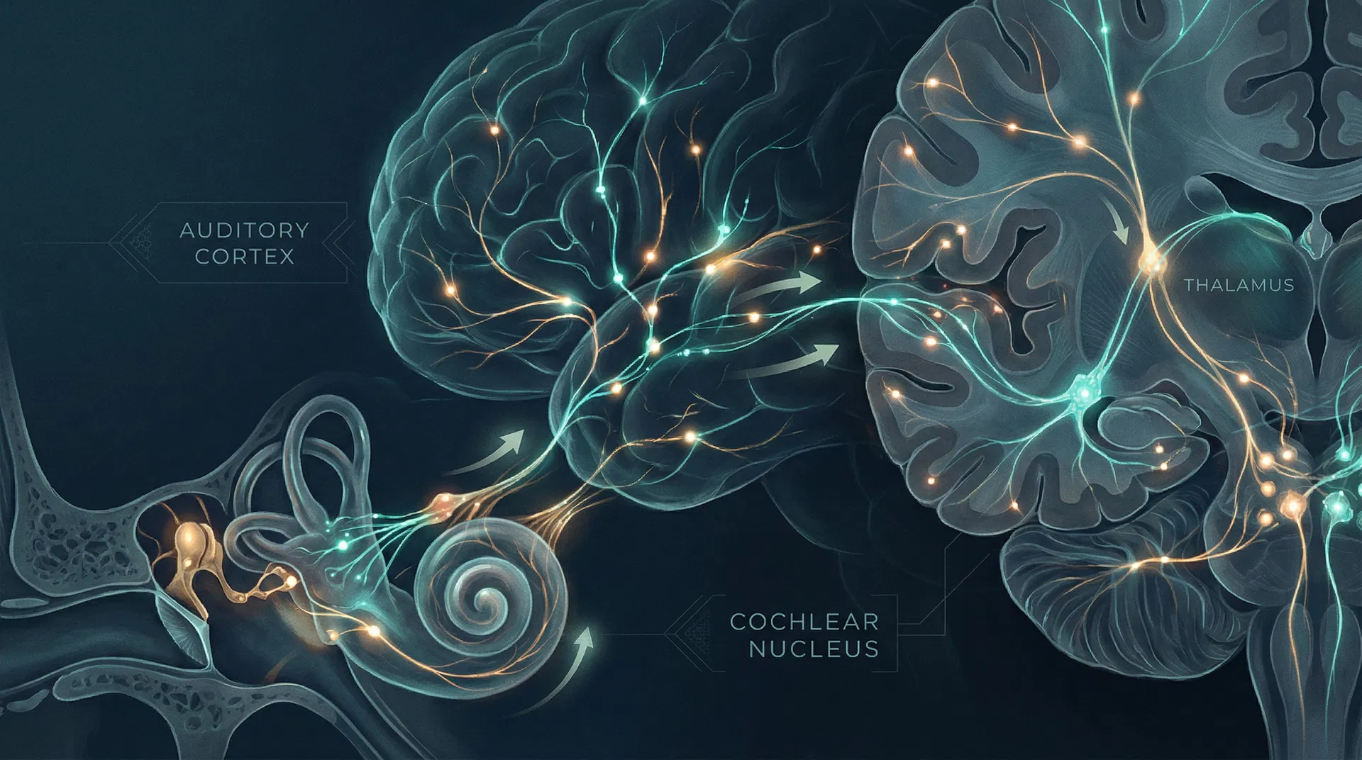 Illustration of neural pathways connecting the auditory system to the brain