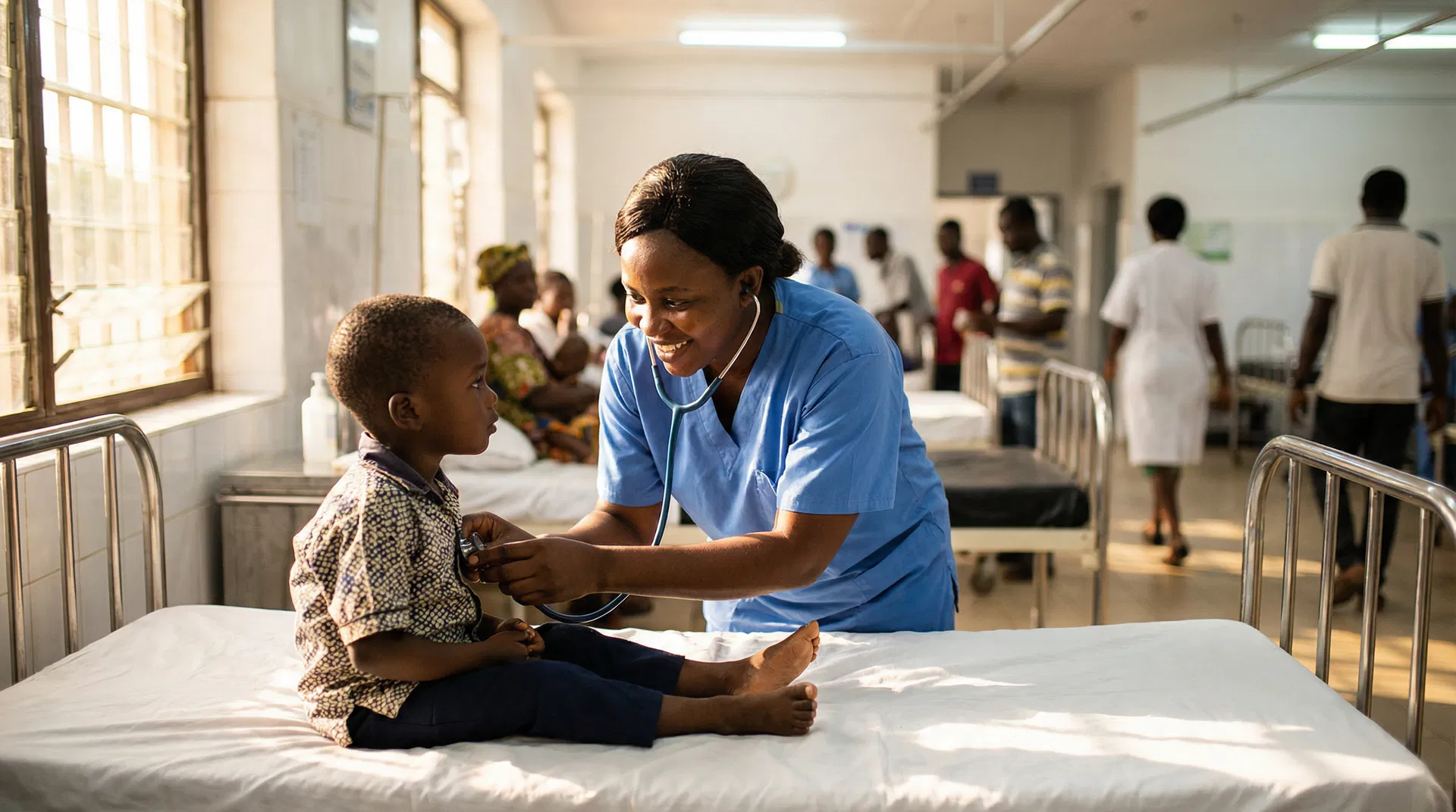 Nurse examining a child patient in a West African hospital ward