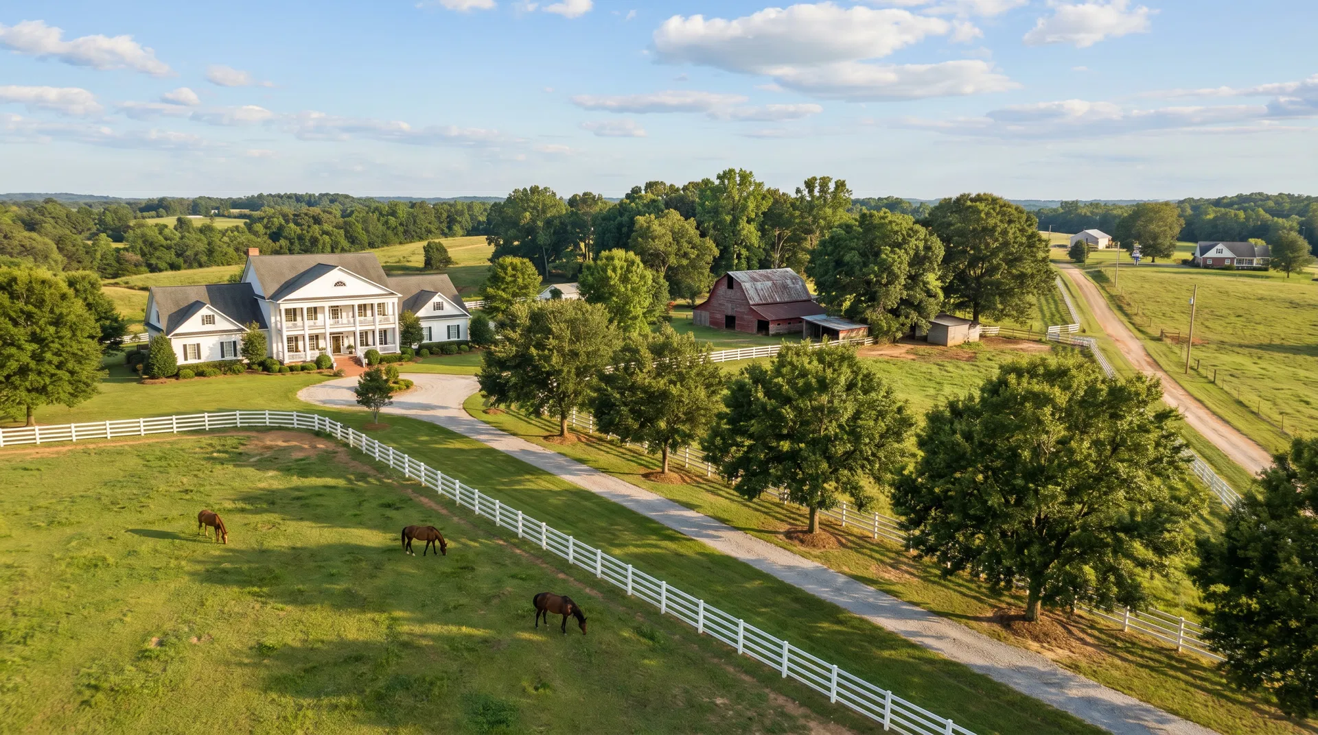 Custom Southern estate home on multi-acre lot with horses and red barn in Brooks, Fayette County, GA