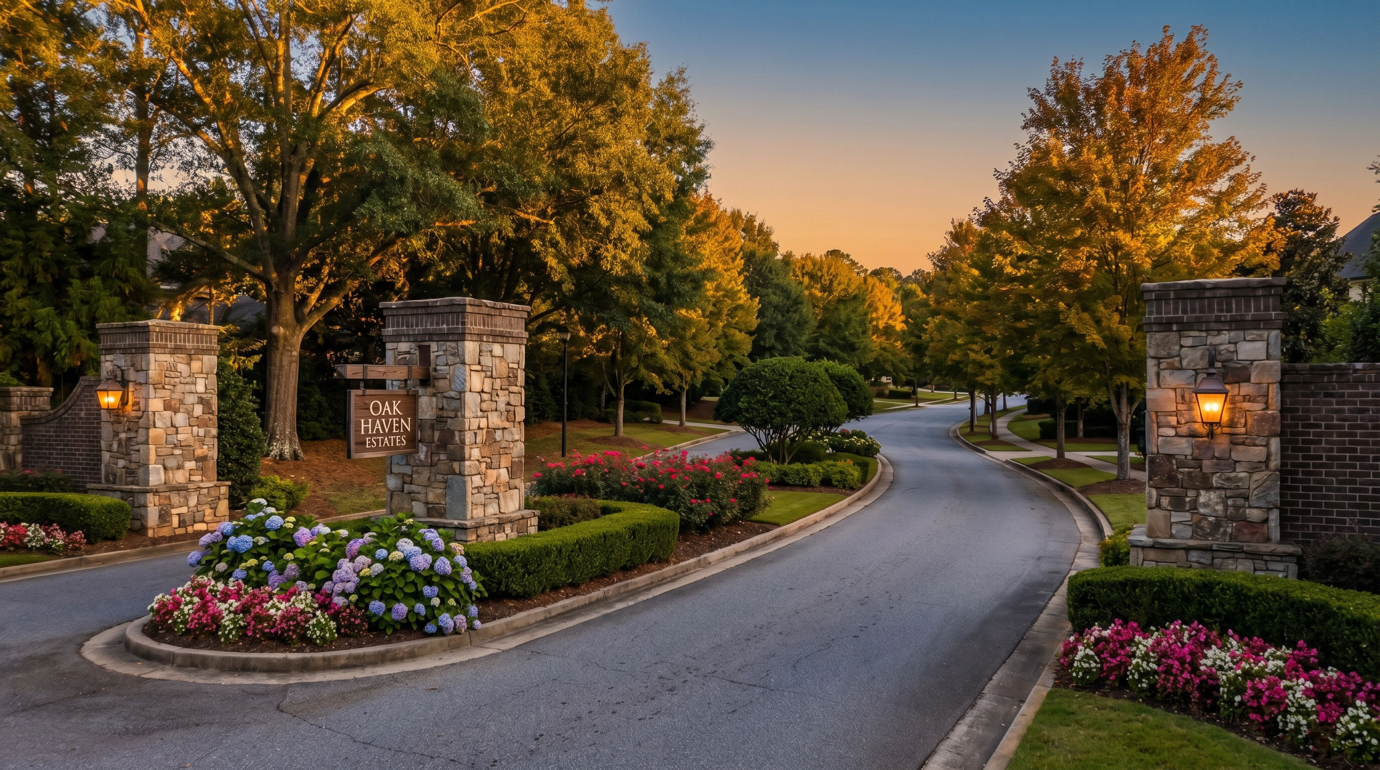 Neighborhood entrance with stone columns and landscaping in Bullsboro, Newnan, GA