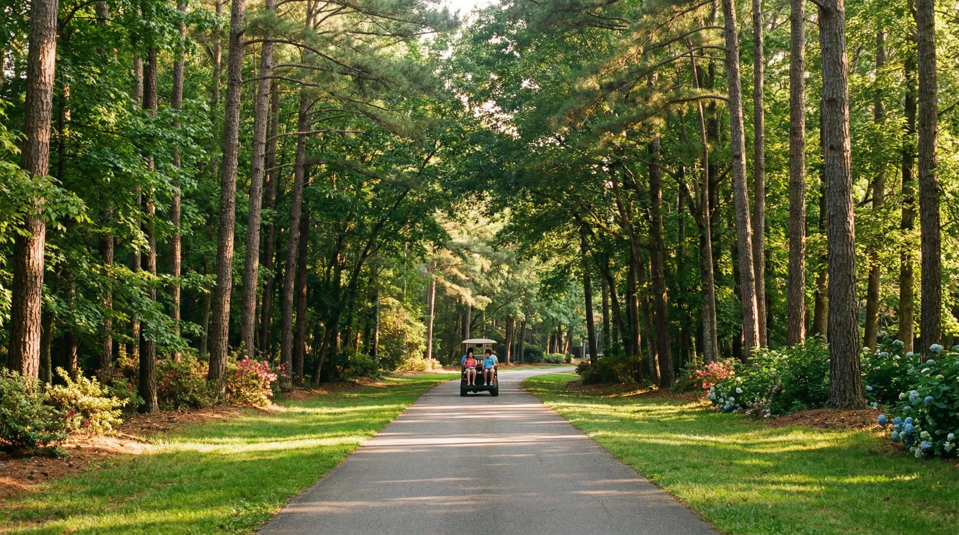 Golf cart path through a tree-lined neighborhood in Peachtree City, Georgia