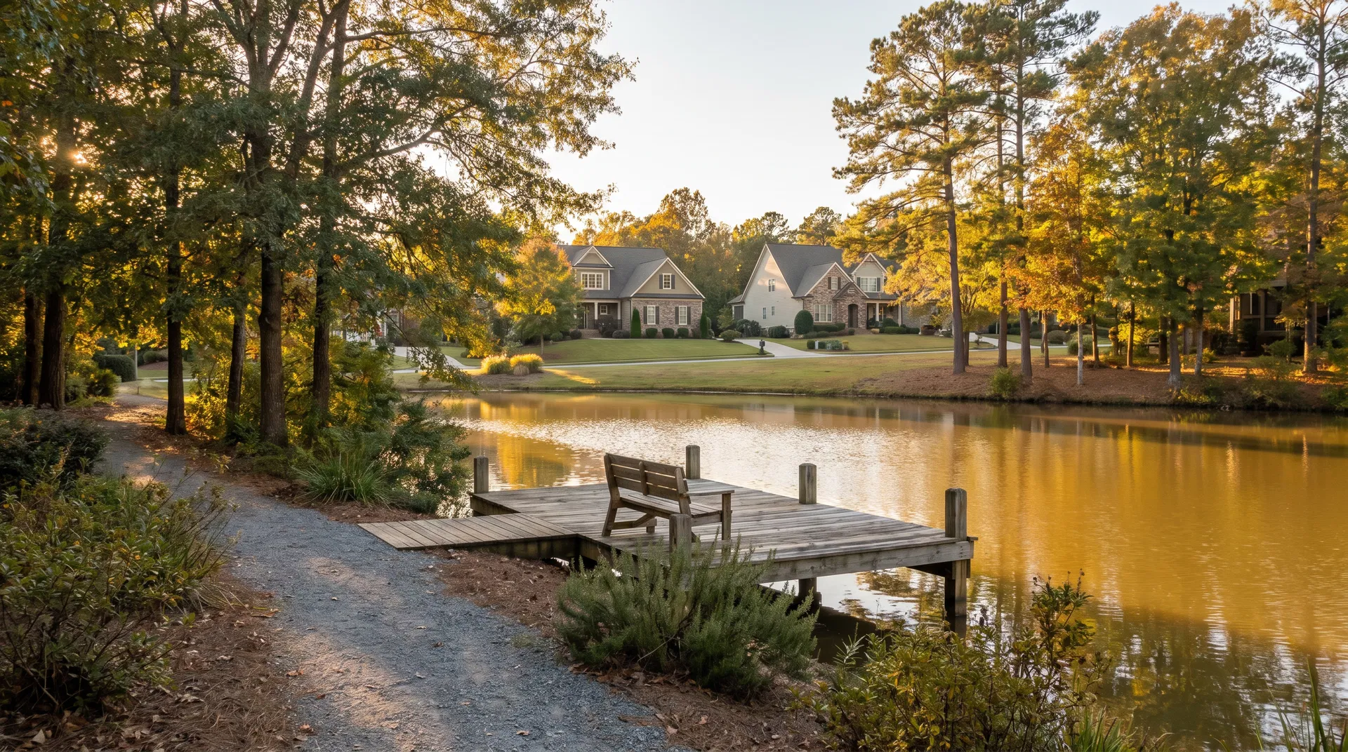 Lake Peachtree waterfront and walking path in Glenloch village, Peachtree City, GA