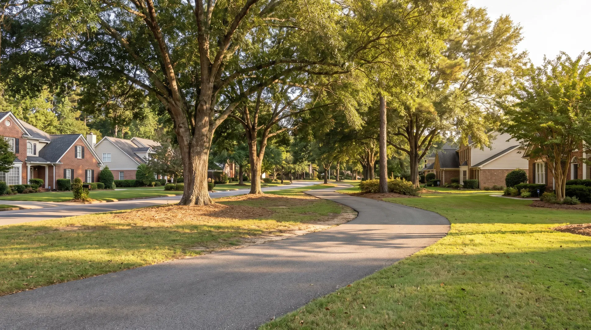 Paved golf cart path winding through Kedron neighborhood in Peachtree City, GA