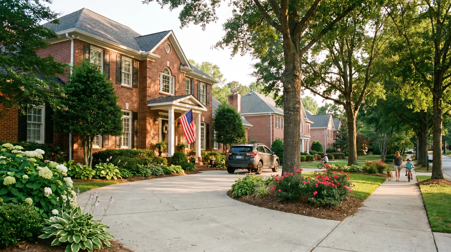Established brick homes on tree-lined street with community pool in Fayetteville, GA neighborhood
