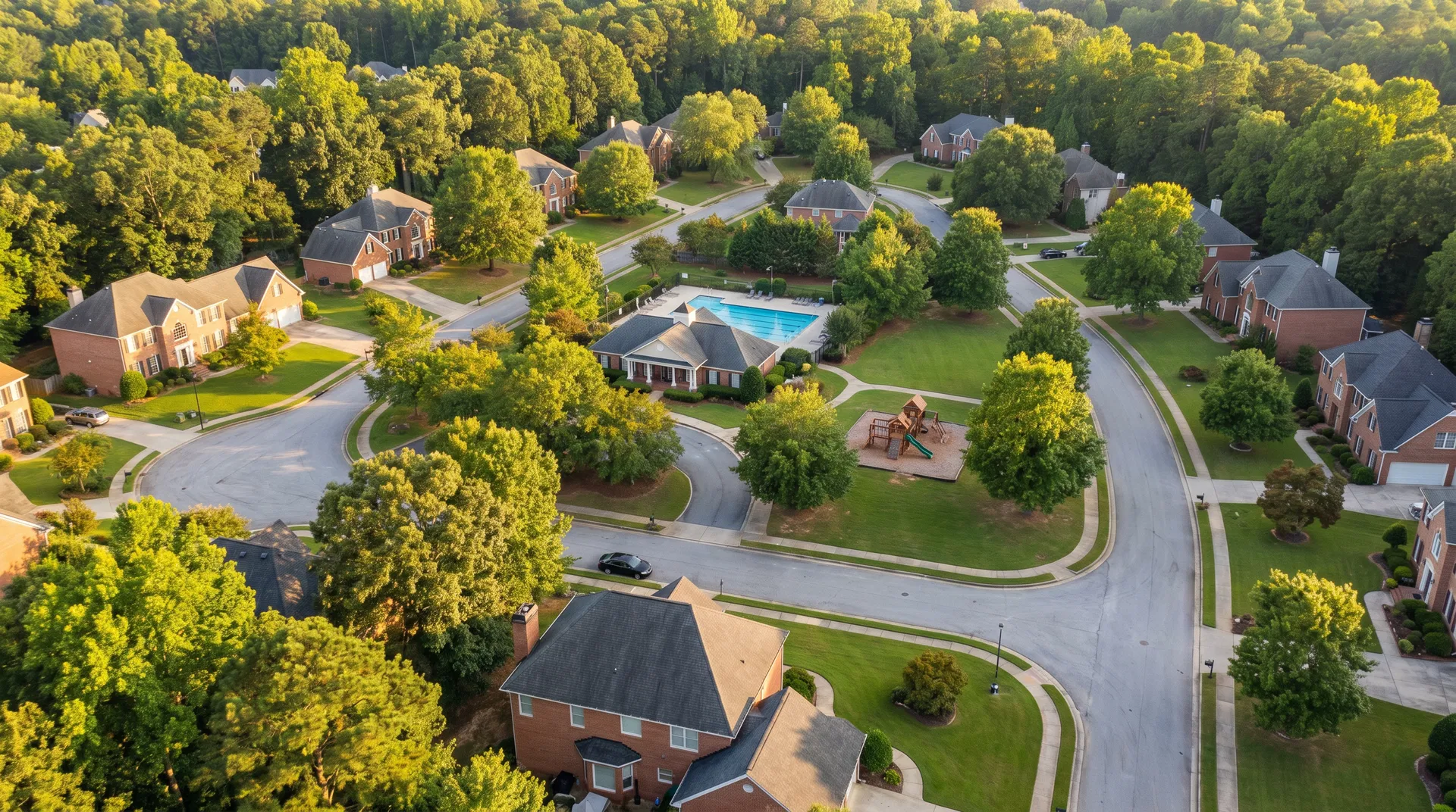 Aerial view of established Fayetteville GA neighborhood with brick homes, pool, and mature tree canopy