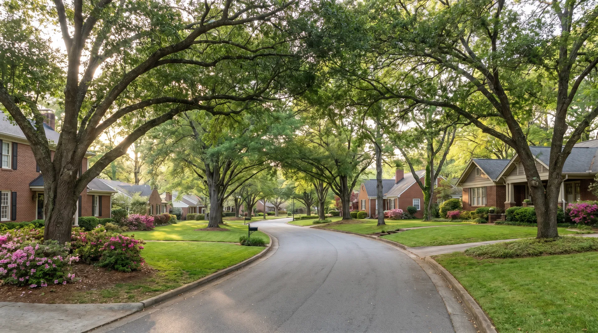 Tree-lined street with brick homes in Northgate neighborhood, Newnan, GA