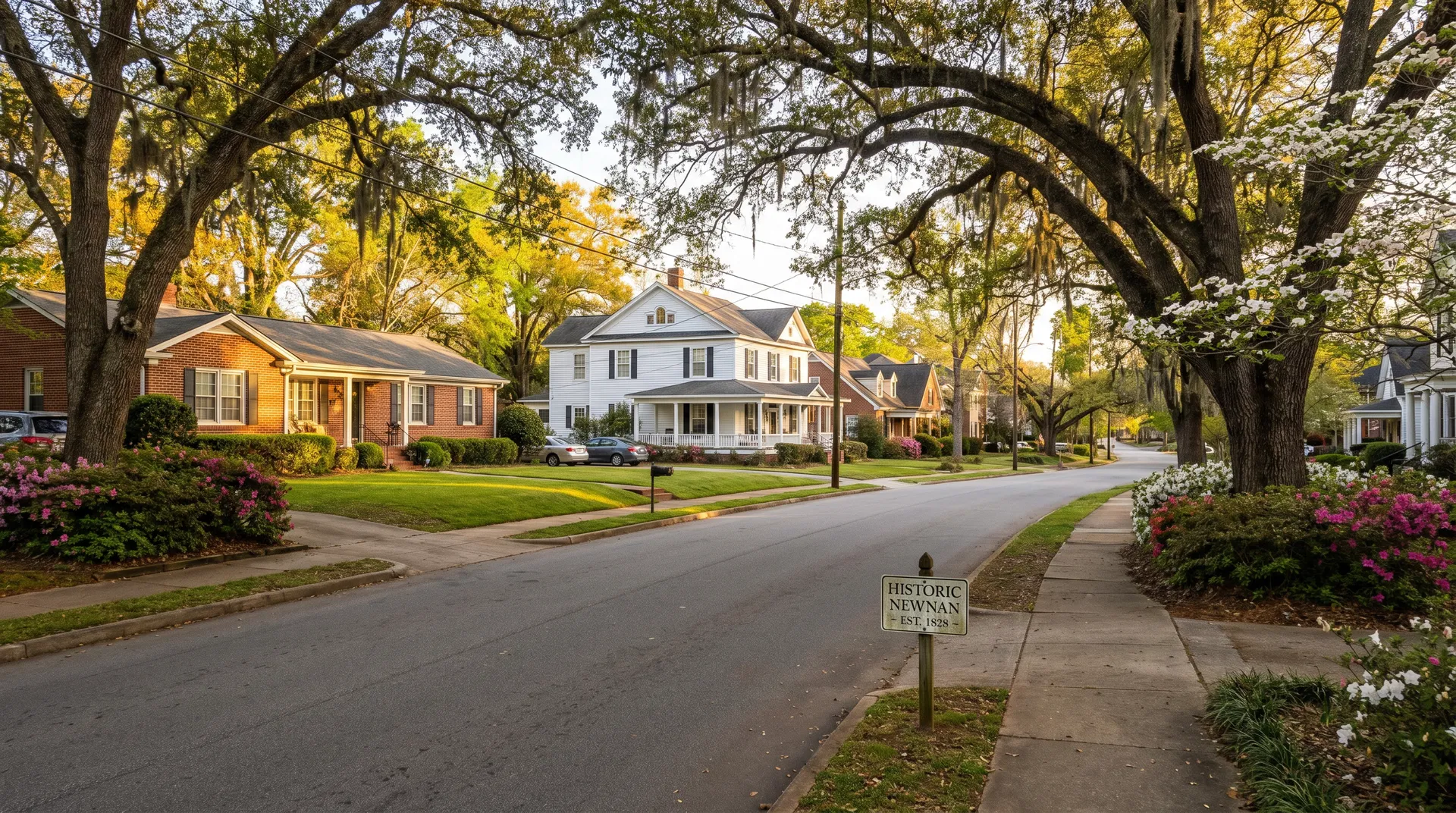 Stillwood neighborhood in Newnan, Georgia — quiet established community with ranch and two-story homes