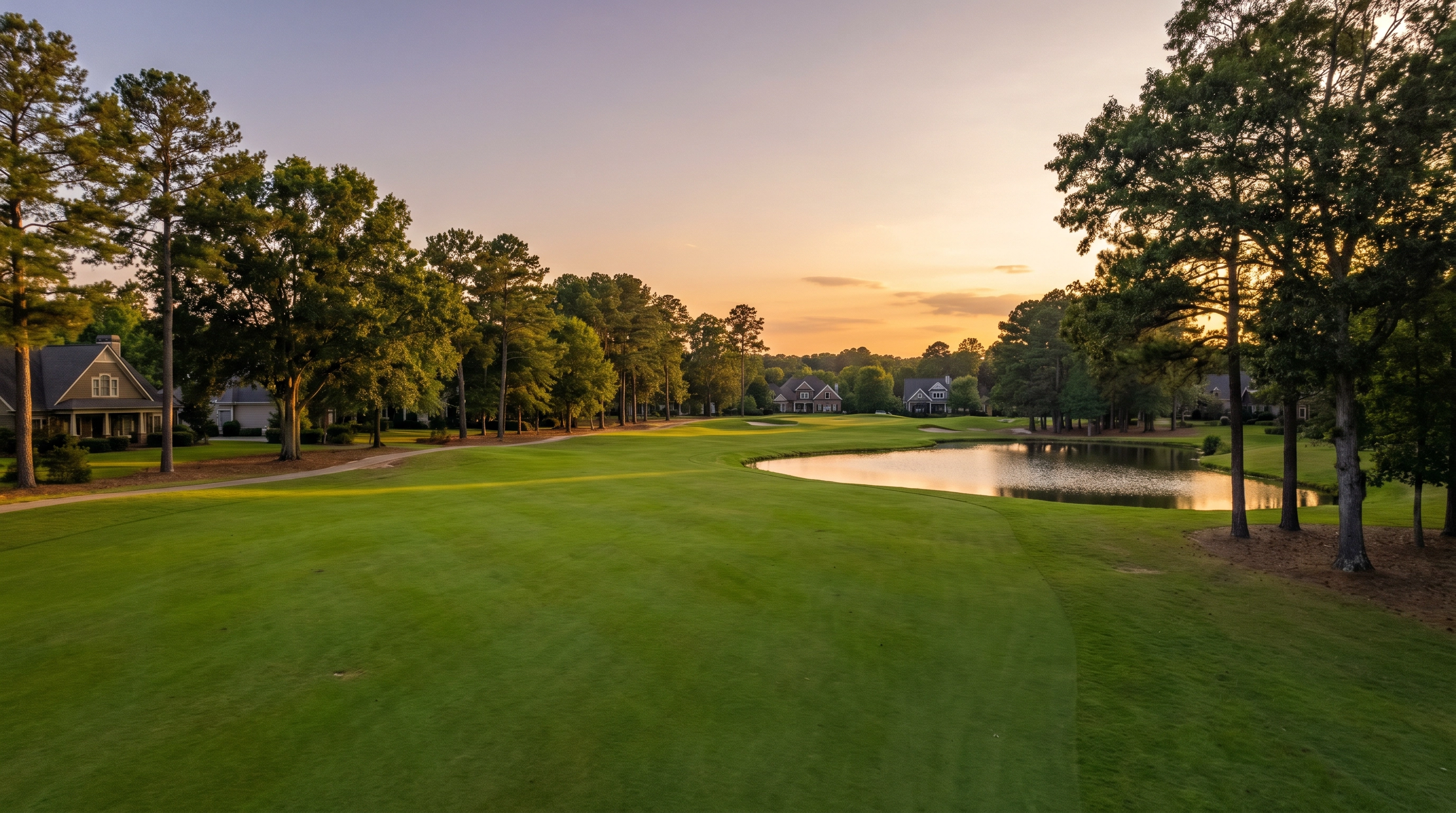 Championship golf course fairway at sunset in Summergrove community, Newnan, GA