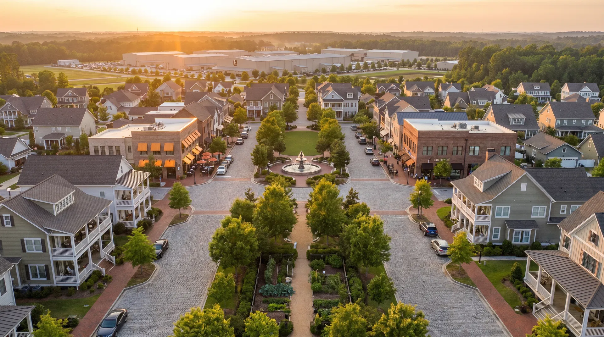 Aerial view of Trilith community town center in Fayetteville, GA at golden hour