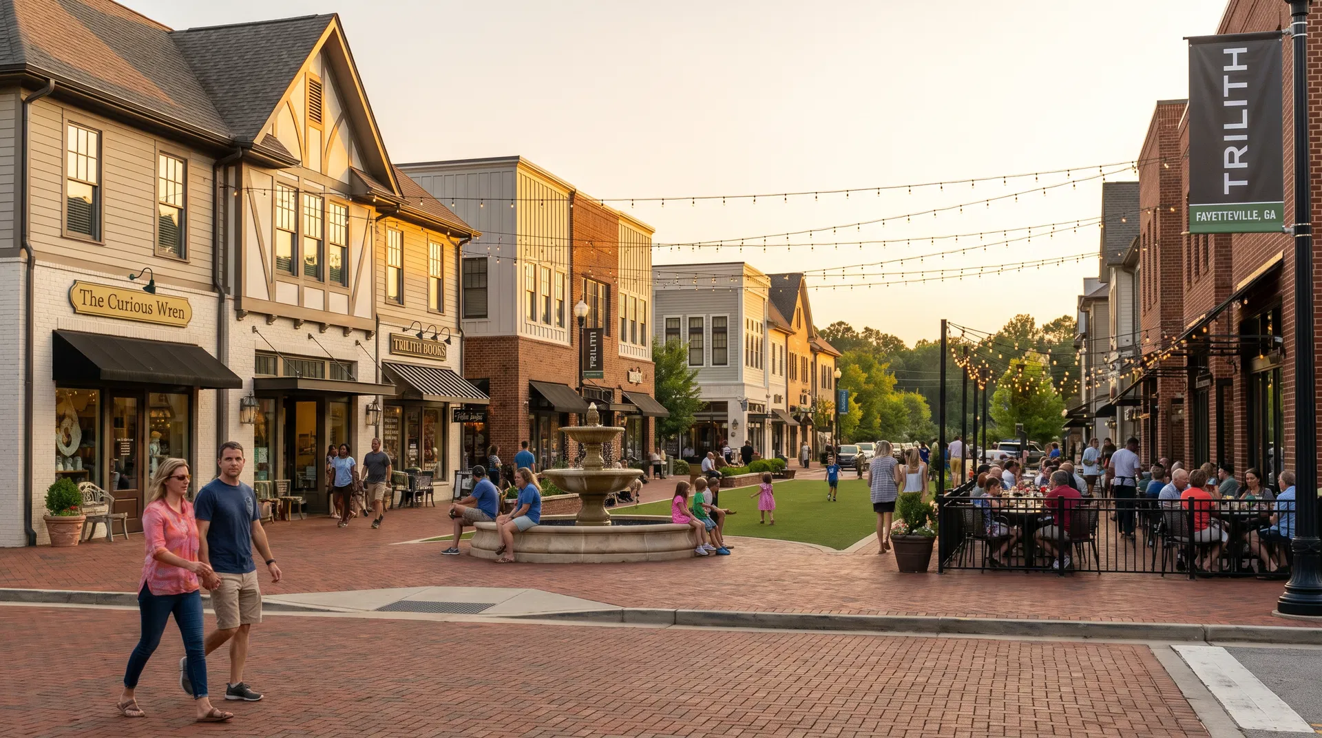 Trilith town center pedestrian plaza with boutique shops and outdoor dining in Fayetteville, GA
