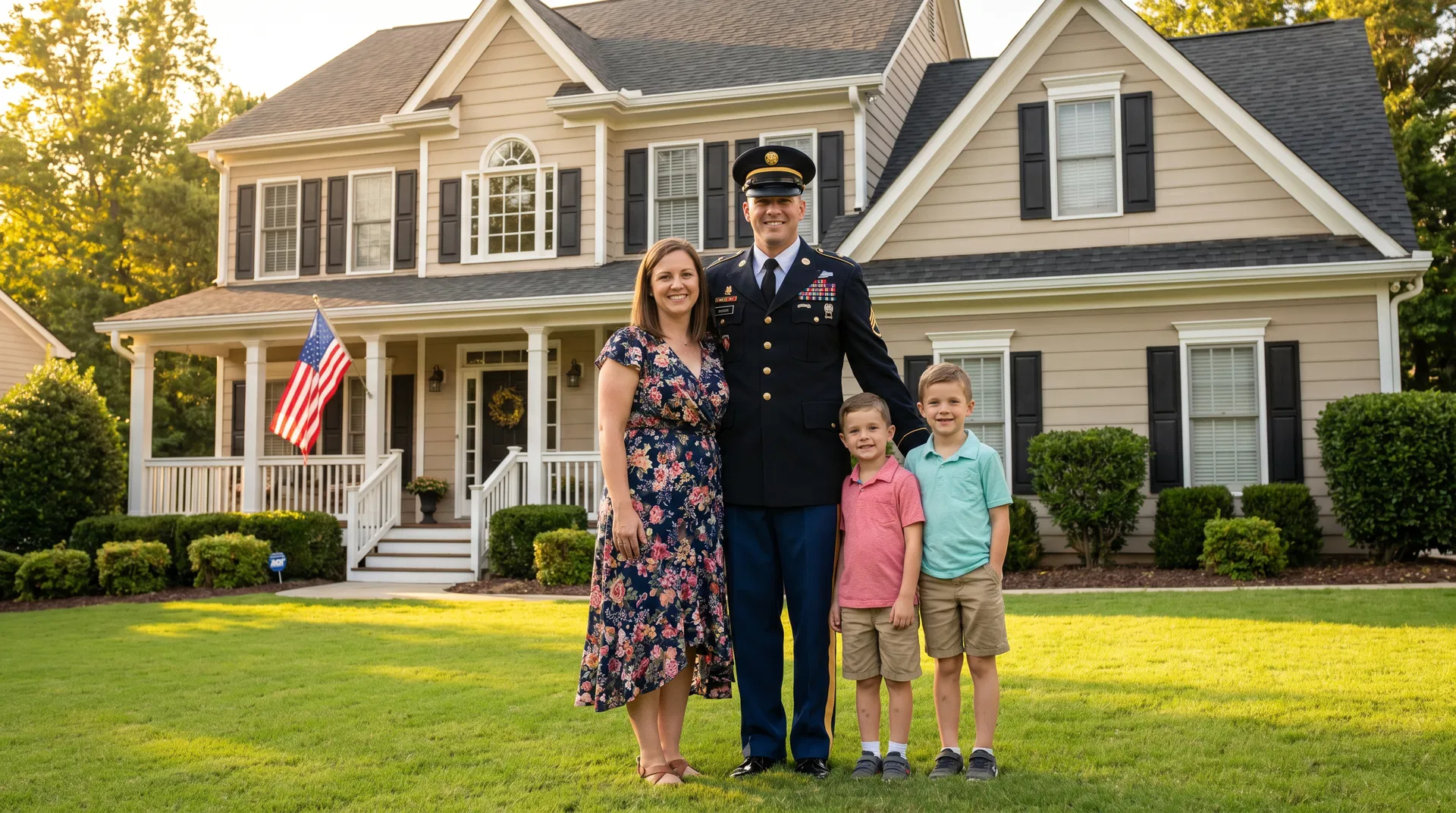 Military veteran family in front of their new Fayette County home